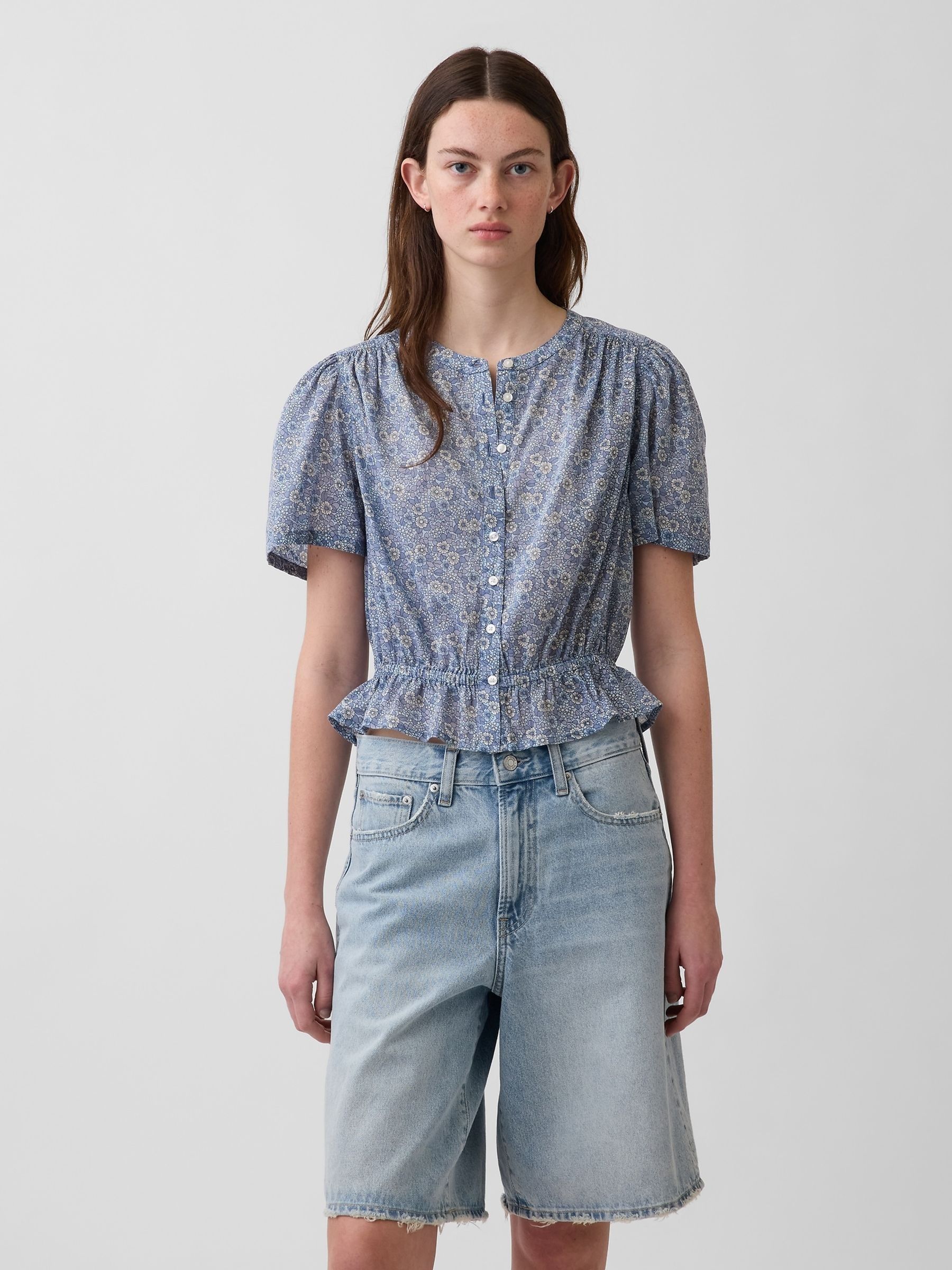 Blue Floral Button-Front Crop Short Sleeve Peplum Top - Image 1 of 4