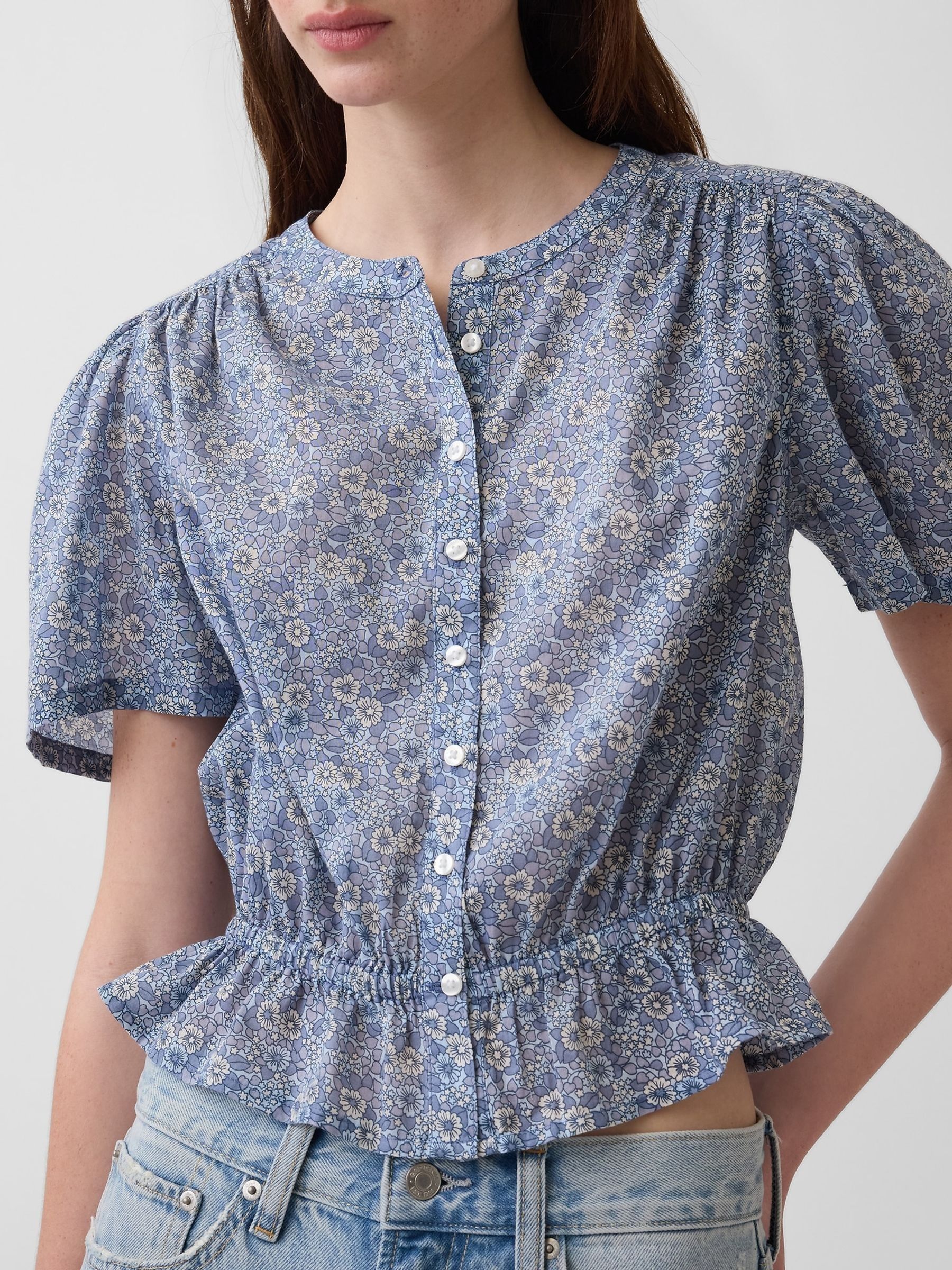 Blue Floral Button-Front Crop Short Sleeve Peplum Top - Image 3 of 4