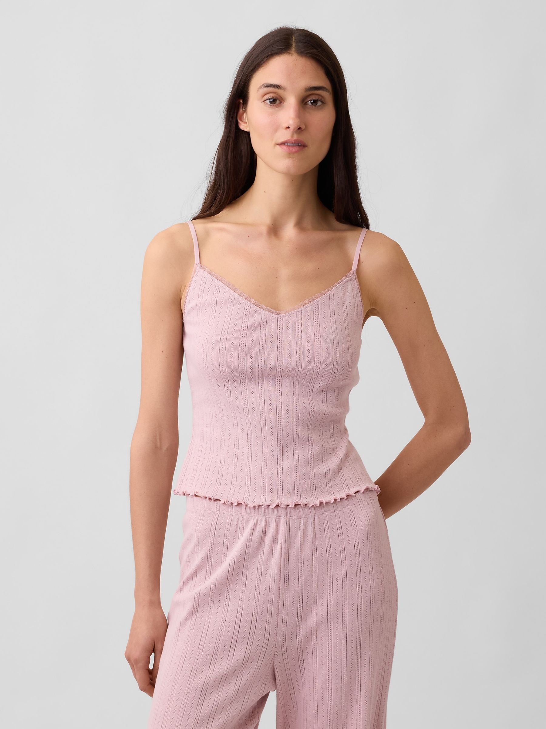 Pink Pointelle Lettuce-Hem Pyjamas Cami Top - Image 1 of 4