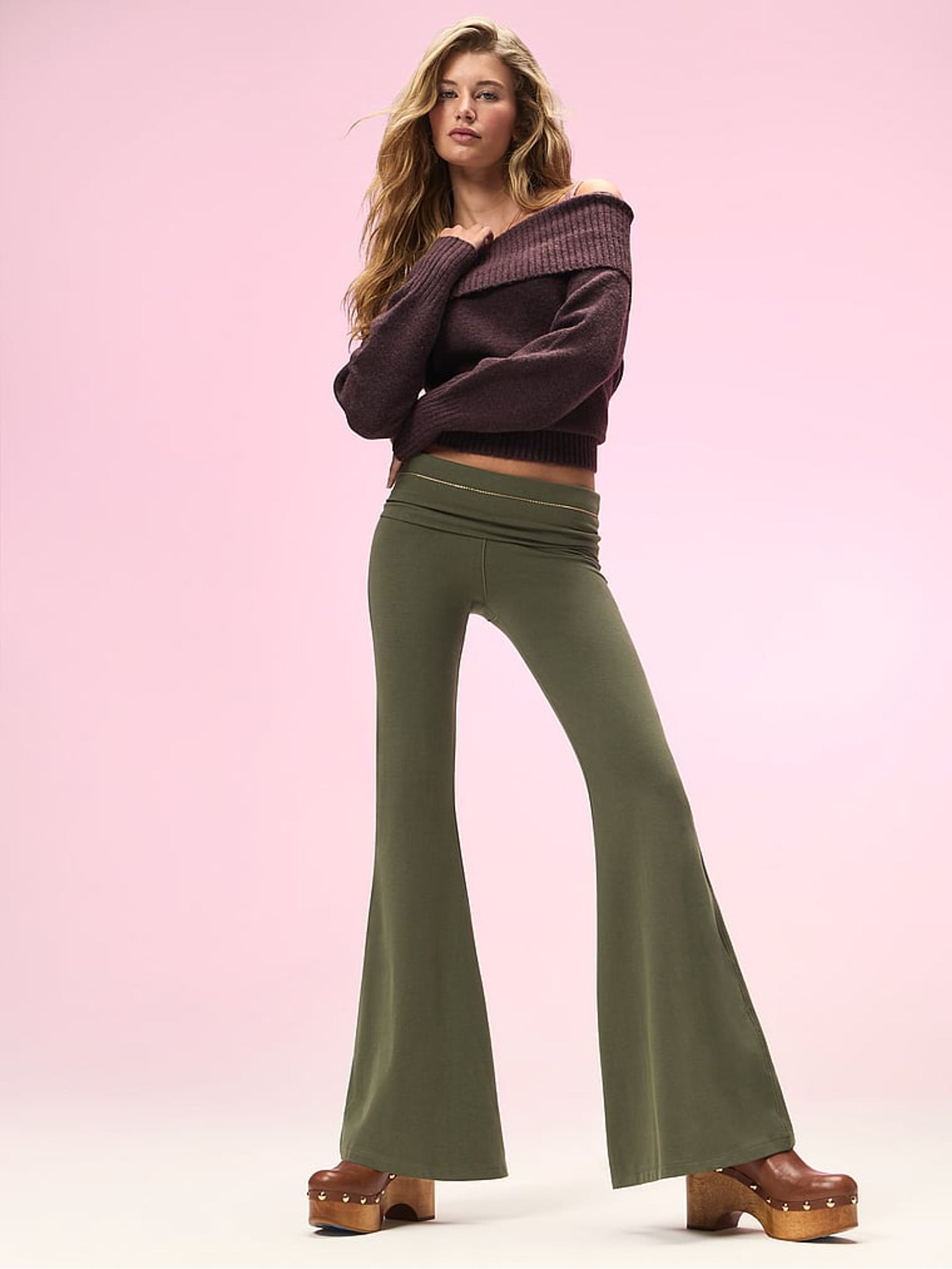 Olive Green Cotton Foldover Super Flare Leggings - Image 1 of 4