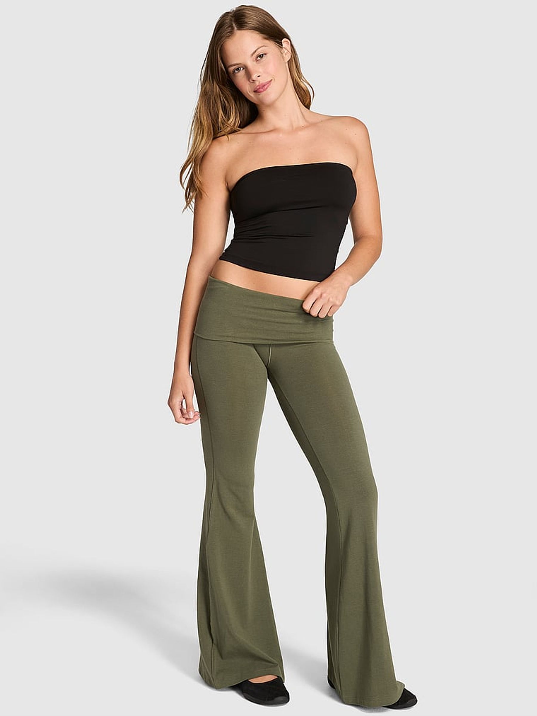 Olive Green Cotton Foldover Super Flare Leggings - Image 2 of 4