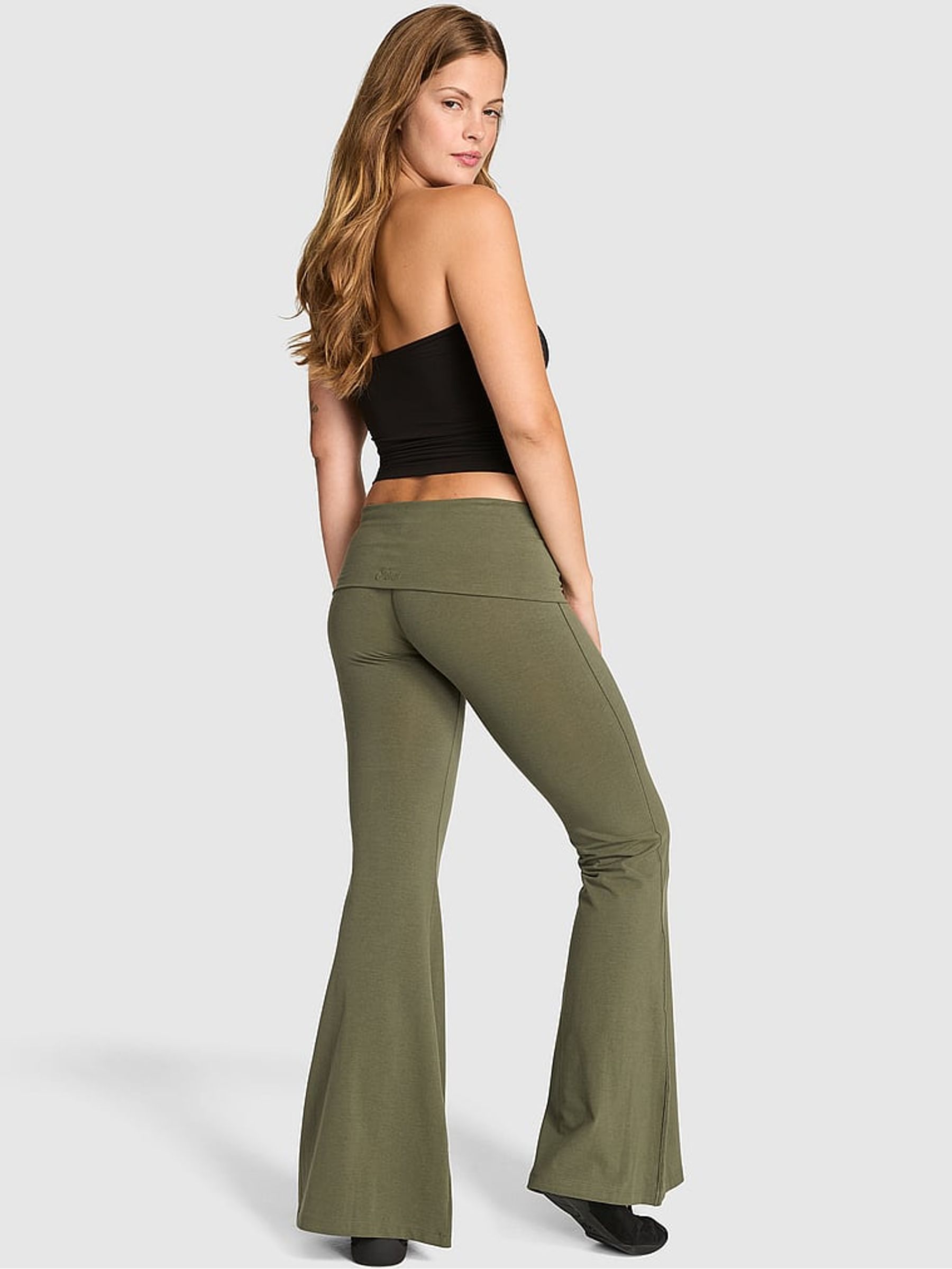 Olive Green Cotton Foldover Super Flare Leggings - Image 3 of 4