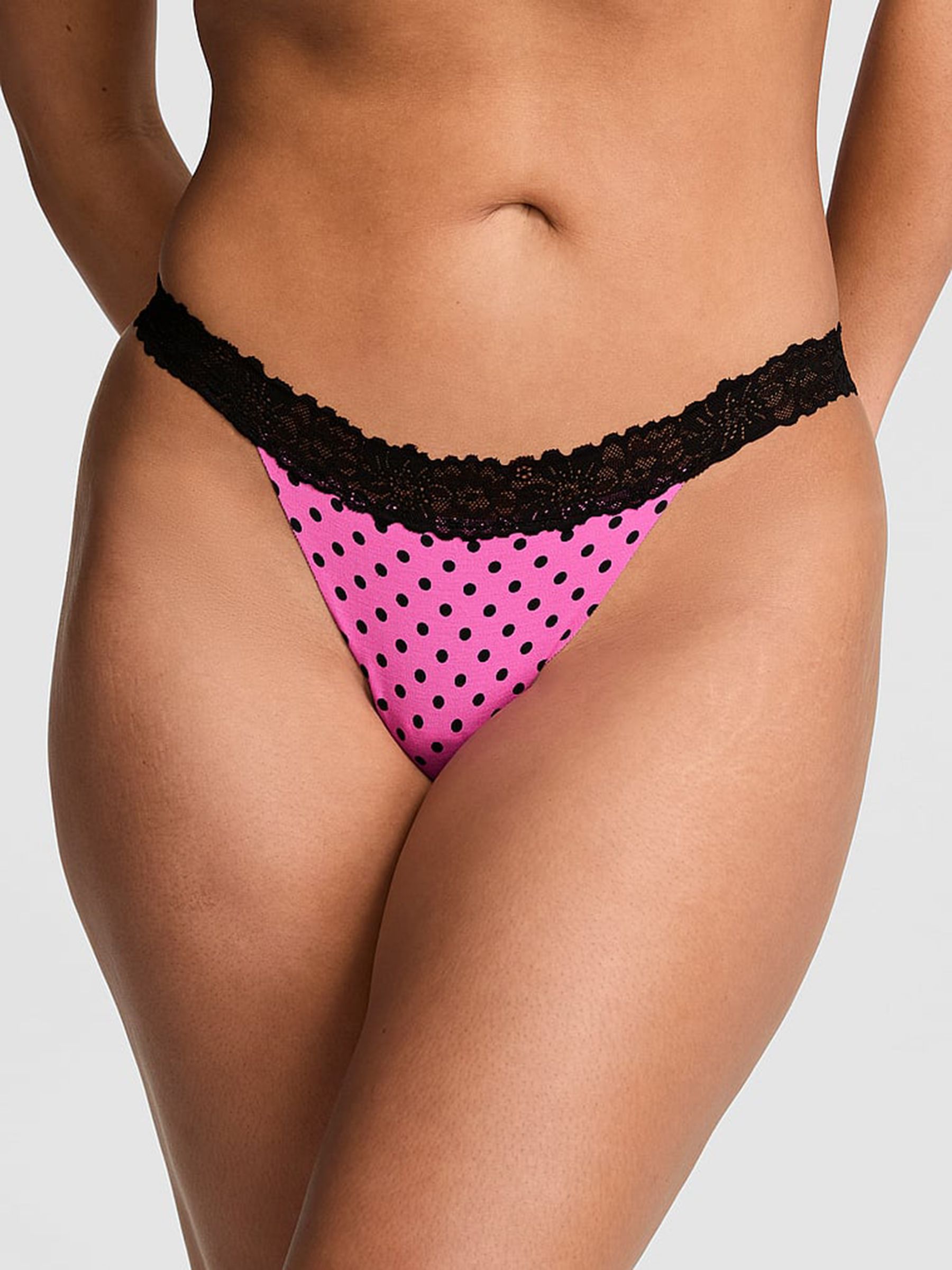 Sizzling Strawberry Pink Polka Dots G-String Lace Trim Knickers - Image 1 of 2
