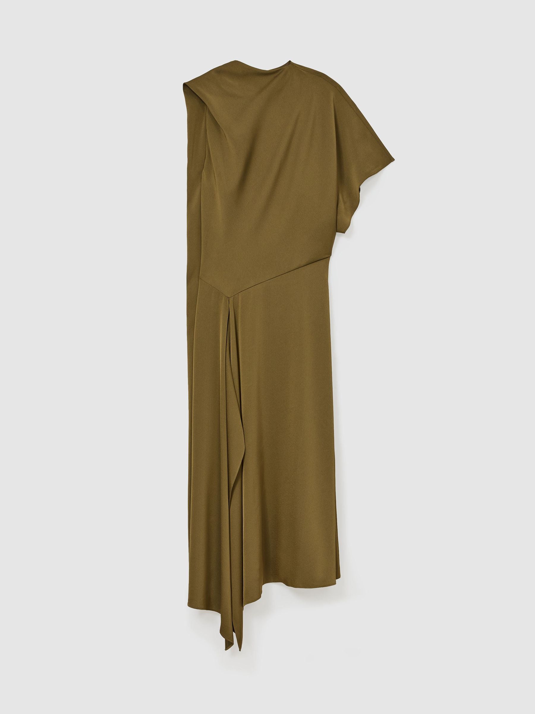 Satin One-Shoulder Draped Midi Dress in Khaki Green - Image 2 of 8