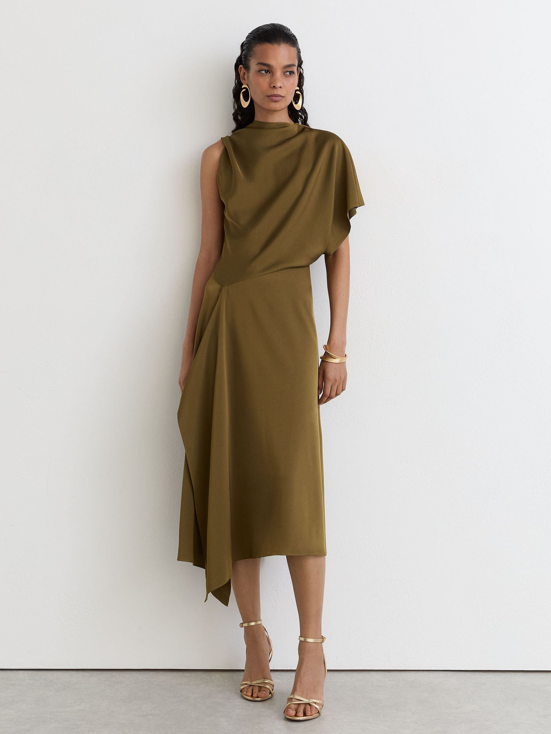 Satin One-Shoulder Draped Midi Dress in Khaki Green - Image 3 of 8
