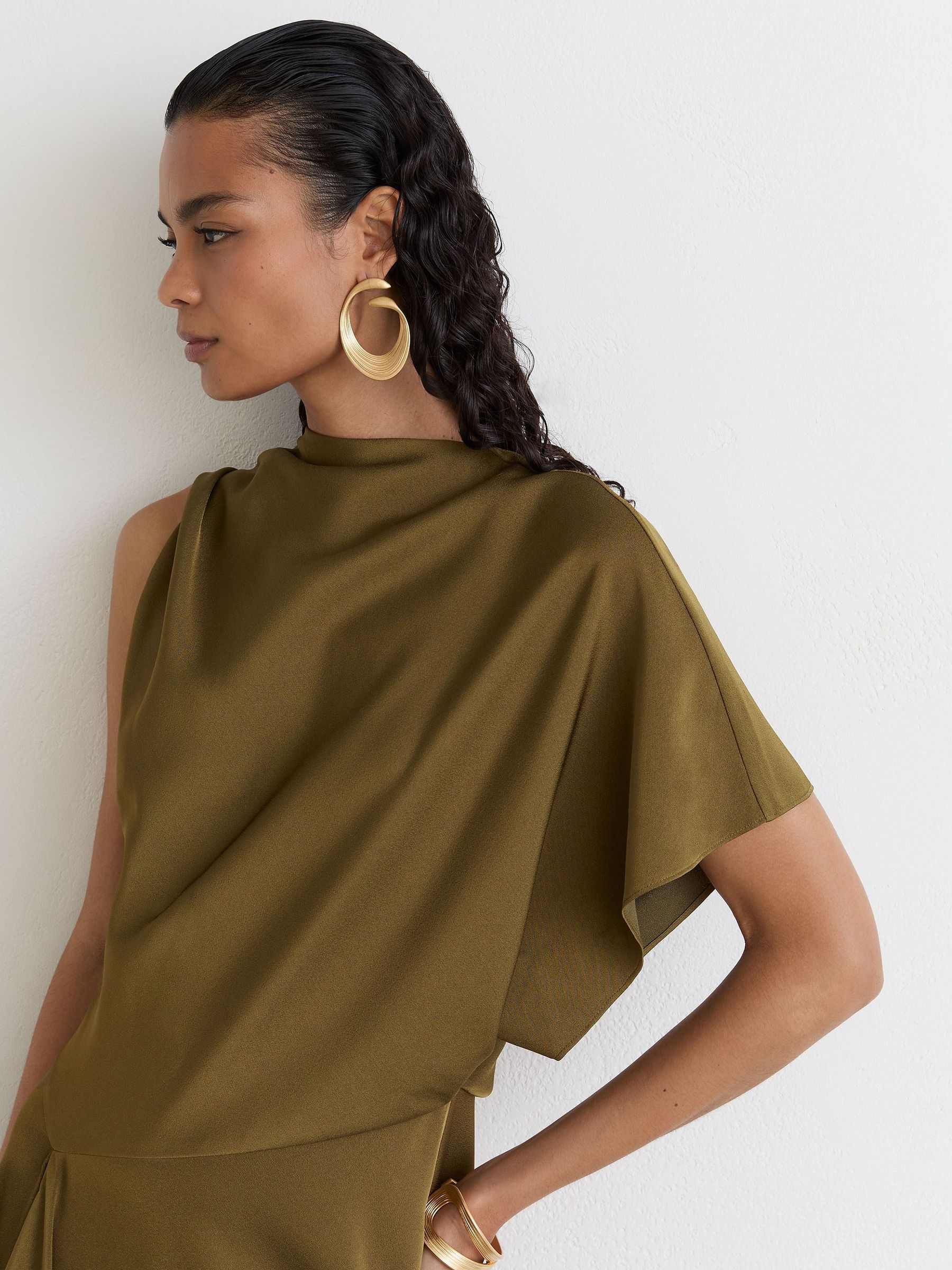 Satin One-Shoulder Draped Midi Dress in Khaki Green - Image 4 of 8