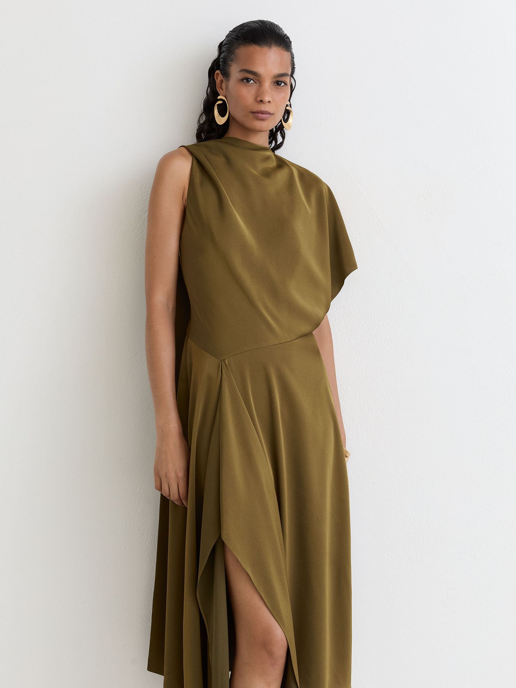 Satin One-Shoulder Draped Midi Dress in Khaki Green - Image 5 of 8