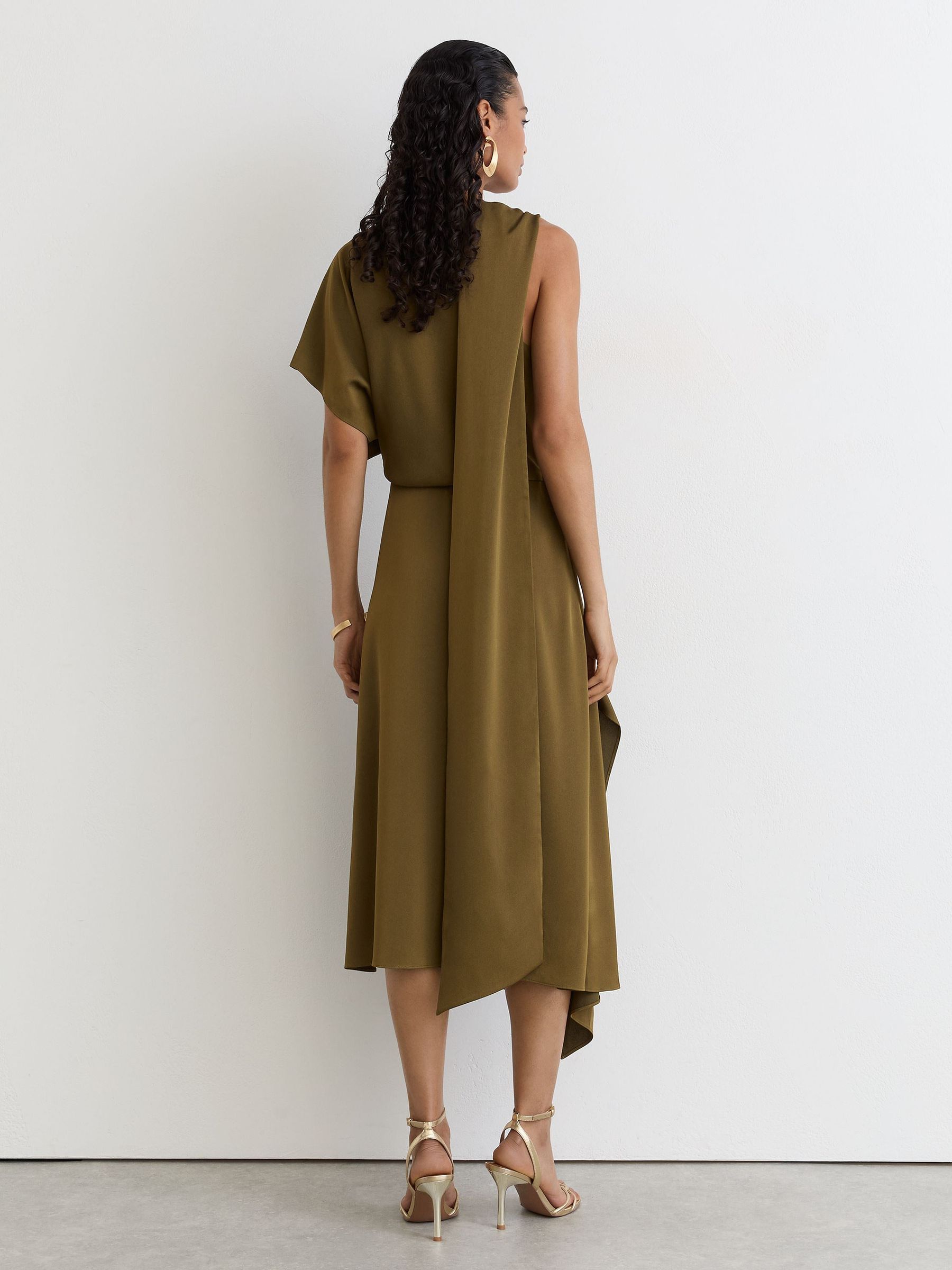 Satin One-Shoulder Draped Midi Dress in Khaki Green - Image 7 of 8