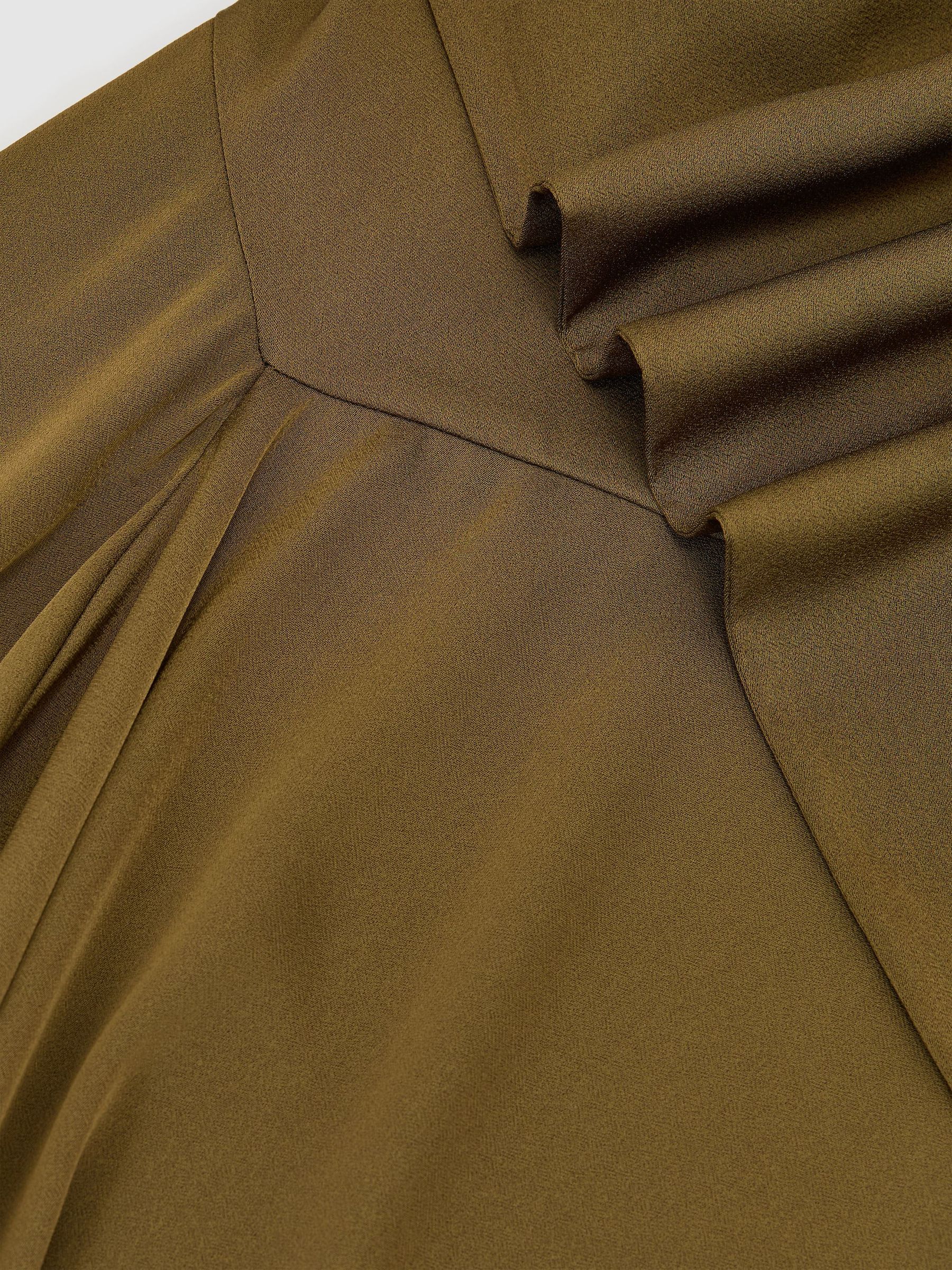 Satin One-Shoulder Draped Midi Dress in Khaki Green - Image 8 of 8