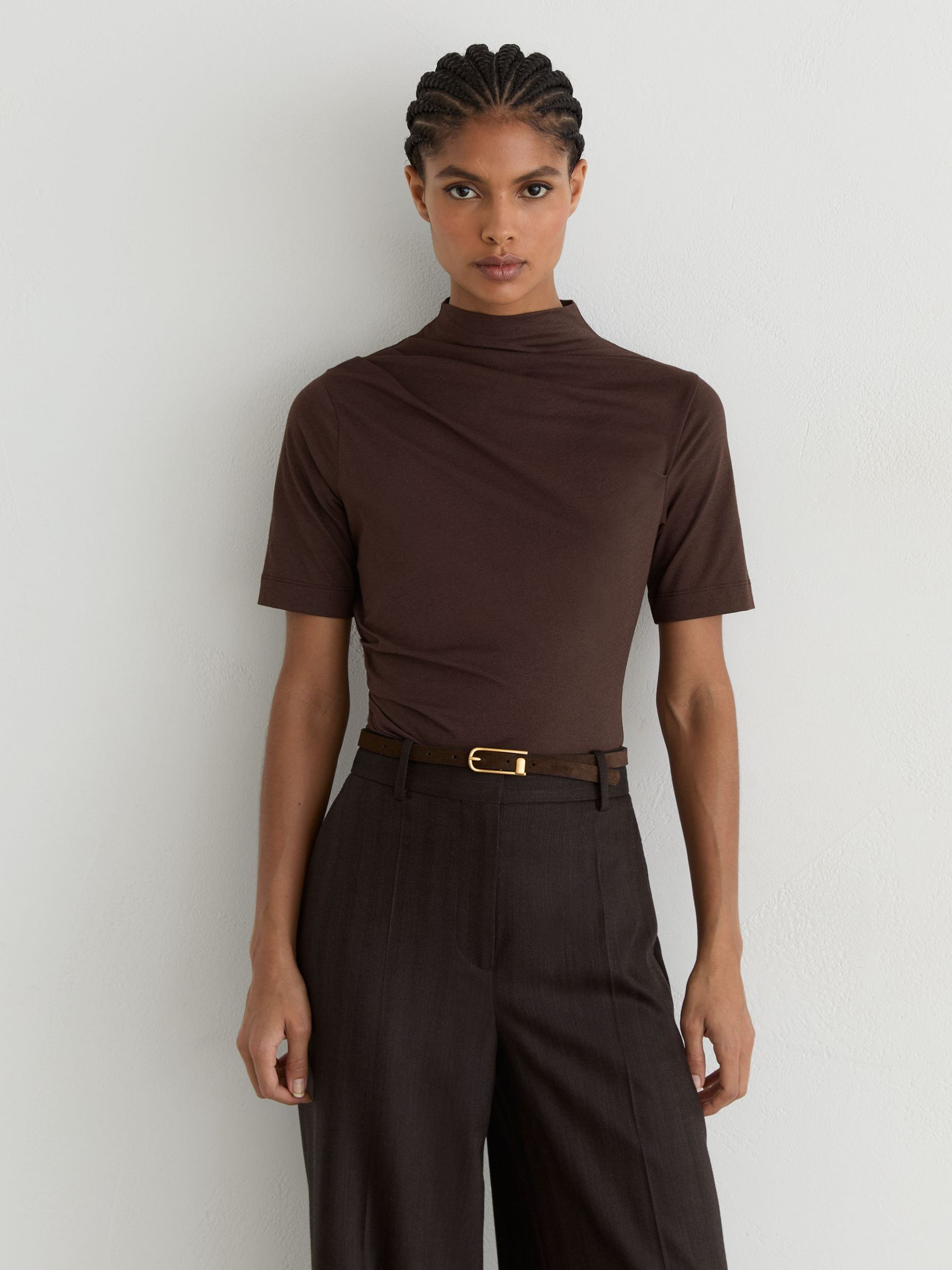 Cotton-Blend High-Neck Draped Top in Grape Burgundy - Image 3 of 5
