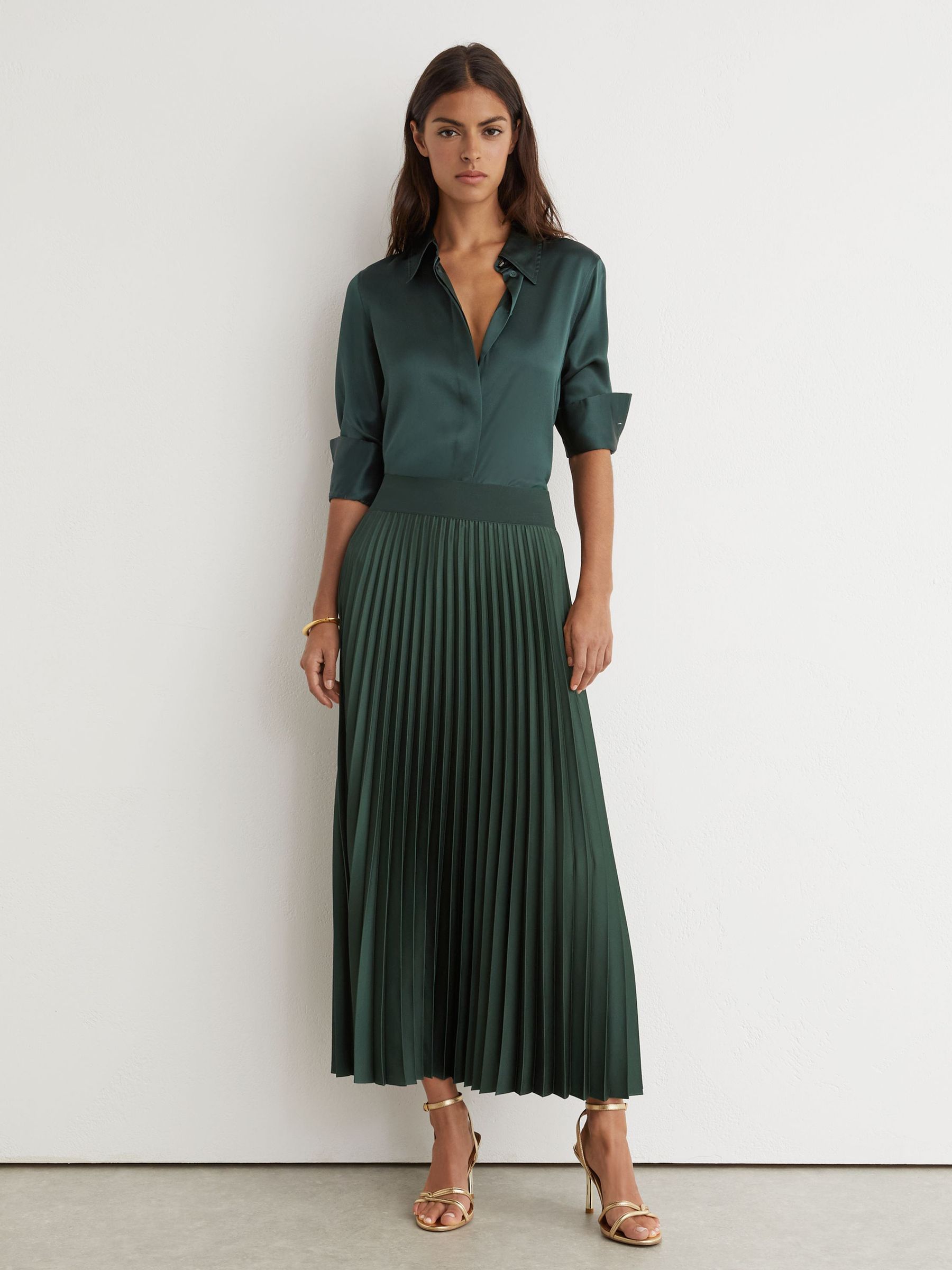 Pleated Midi Skirt in Teal Green - Image 1 of 7 Pleated Midi Skirt in Teal Green - Image 1 of 7