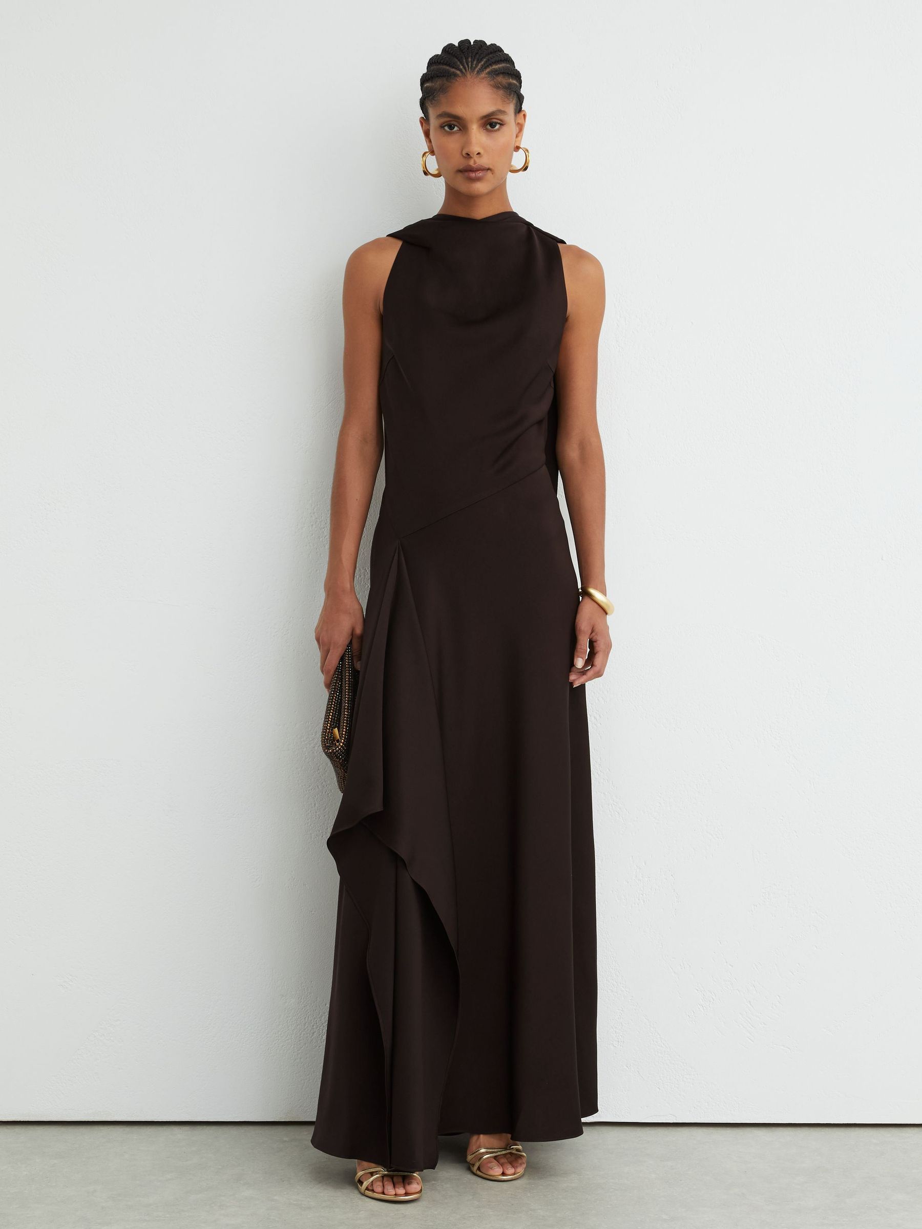 Satin Cape-Detail Maxi Dress in Grape Burgundy - Image 3 of 7