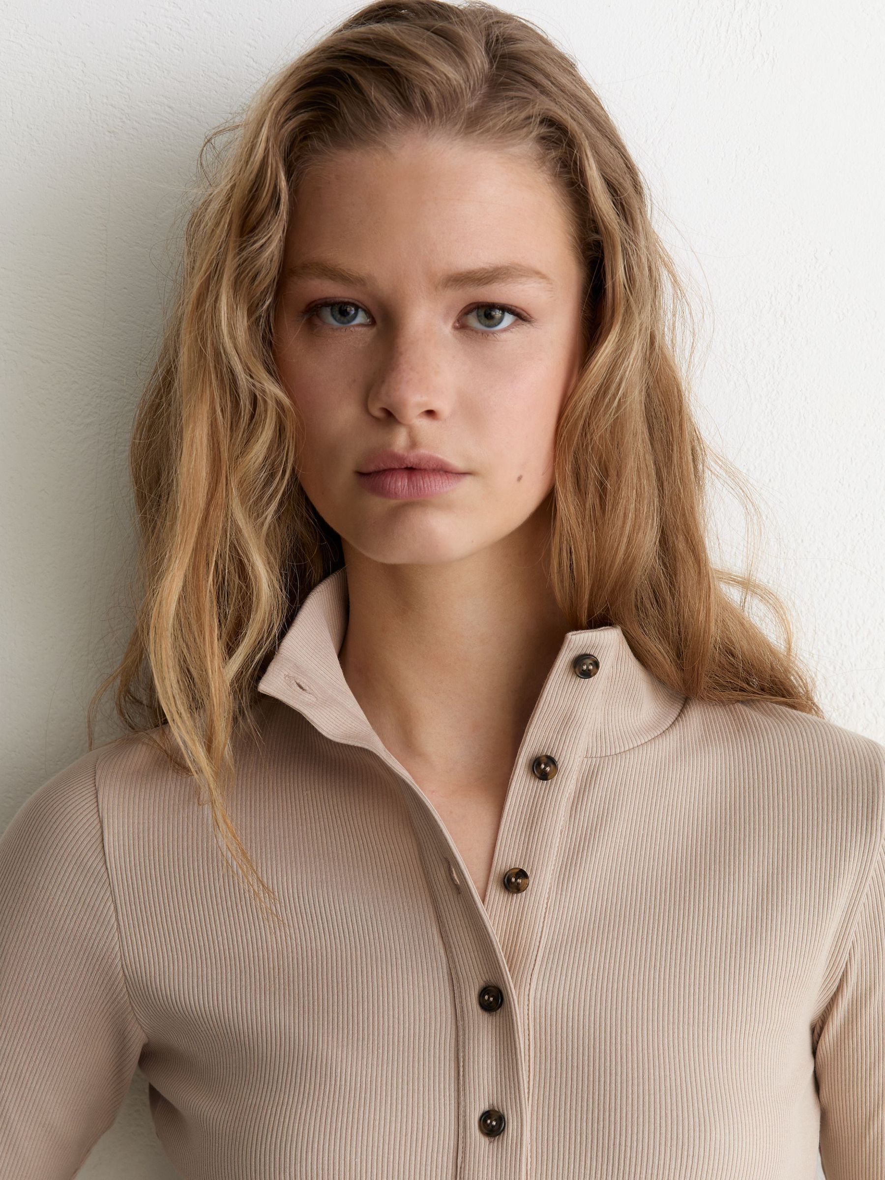 Cotton-Stretch Funnel-Neck Top in Neutral - Image 1 of 6