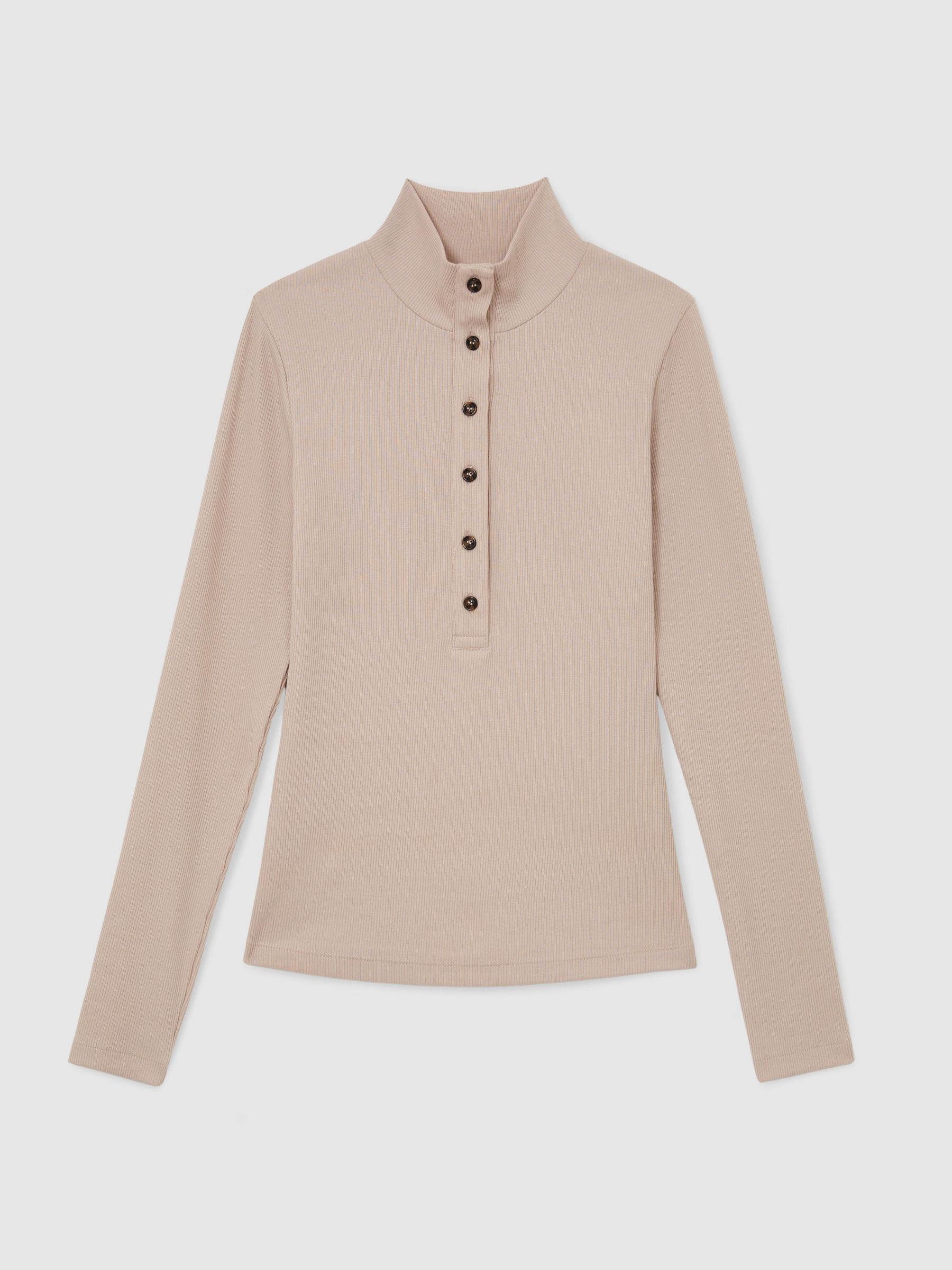 Cotton-Stretch Funnel-Neck Top in Neutral - Image 2 of 6