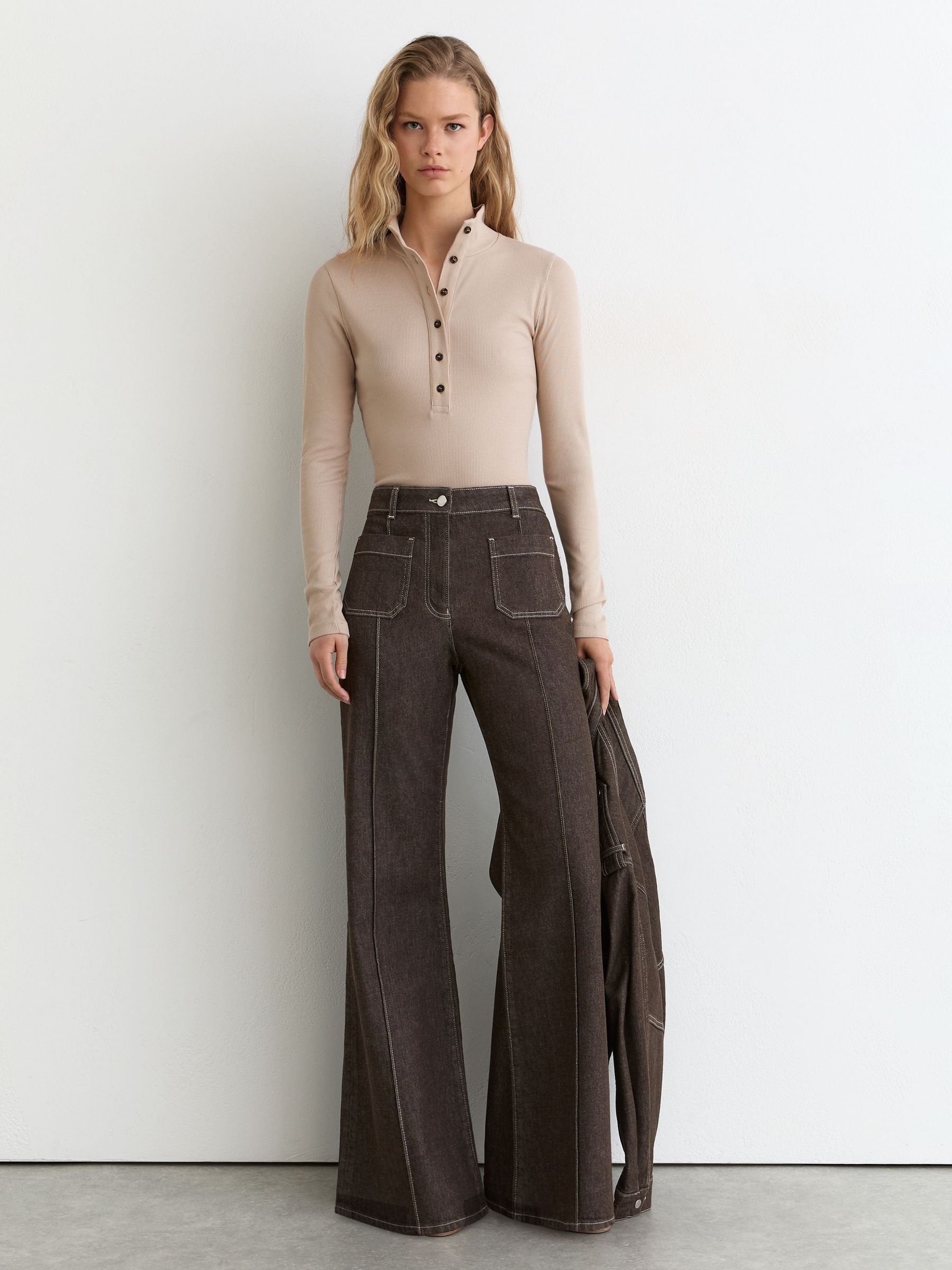 Cotton-Stretch Funnel-Neck Top in Neutral - Image 3 of 6