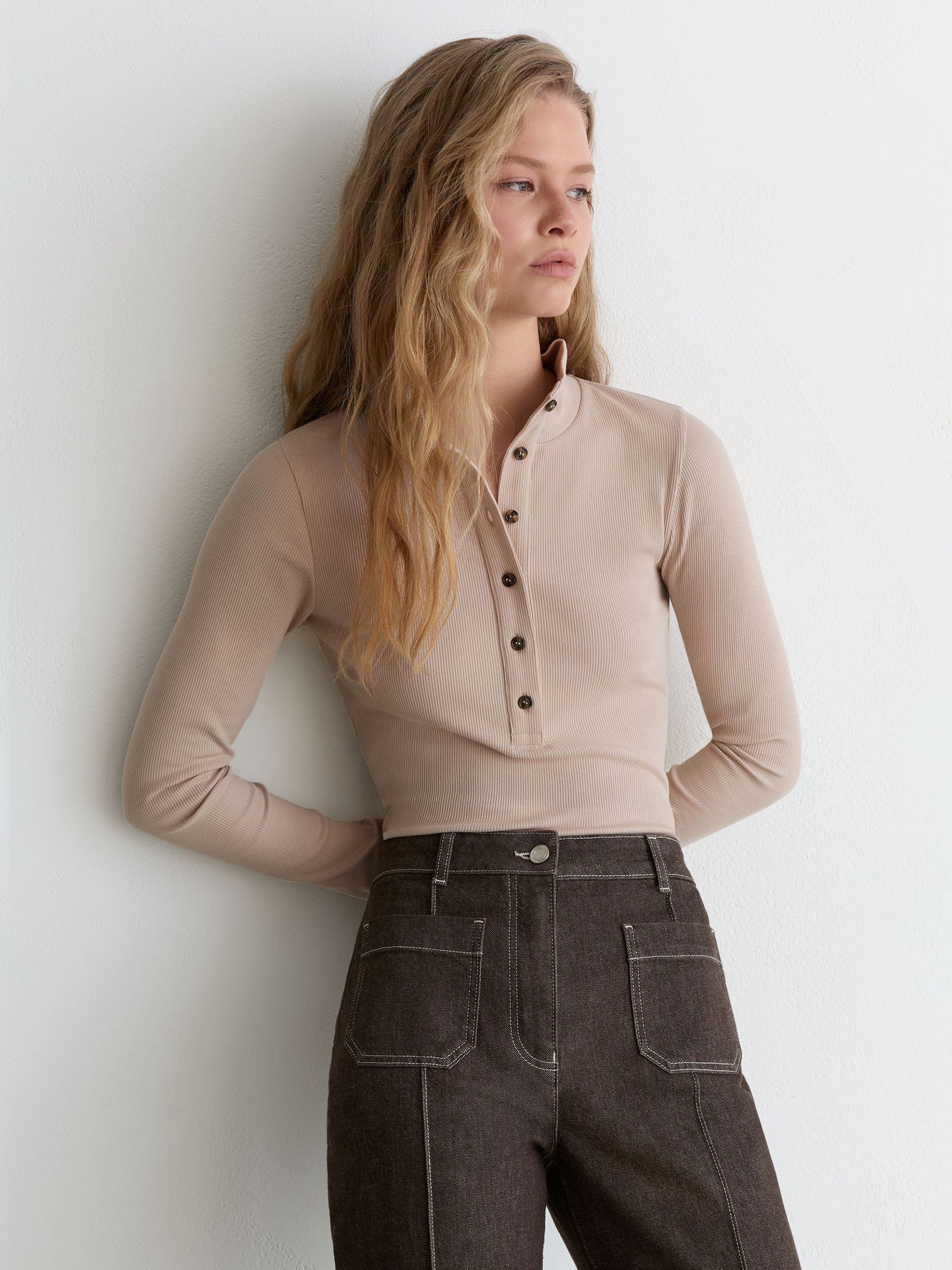 Cotton-Stretch Funnel-Neck Top in Neutral - Image 4 of 6