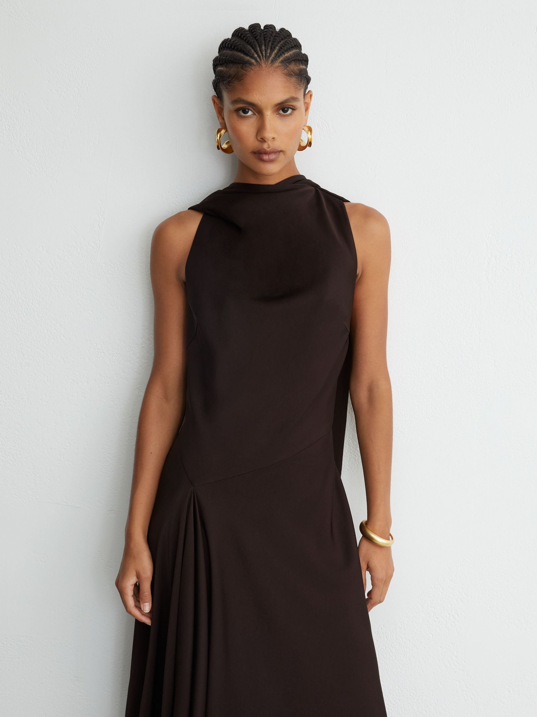 Satin Cape-Detail Maxi Dress in Grape Burgundy - Image 4 of 8