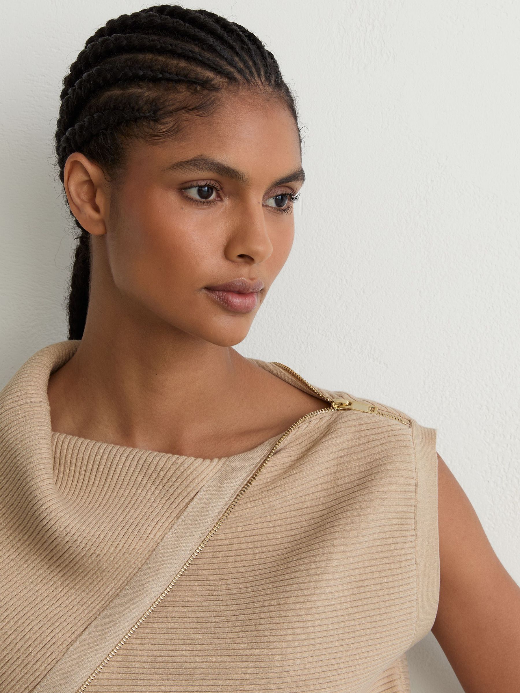 Asymmetric Zip-Neck Rib-Knit Vest in Stone Neutral - Image 1 of 6