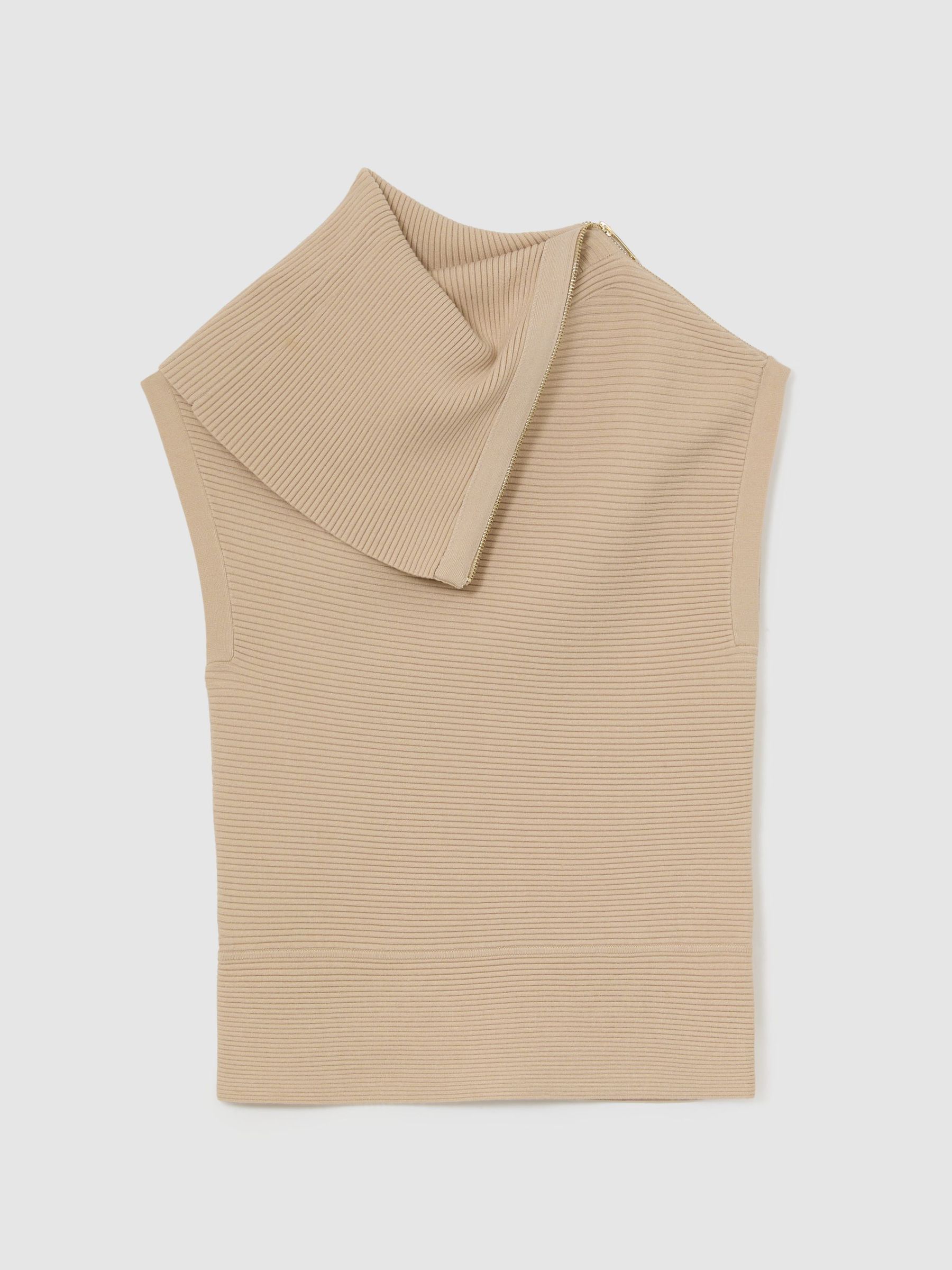Asymmetric Zip-Neck Rib-Knit Vest in Stone Neutral - Image 2 of 6