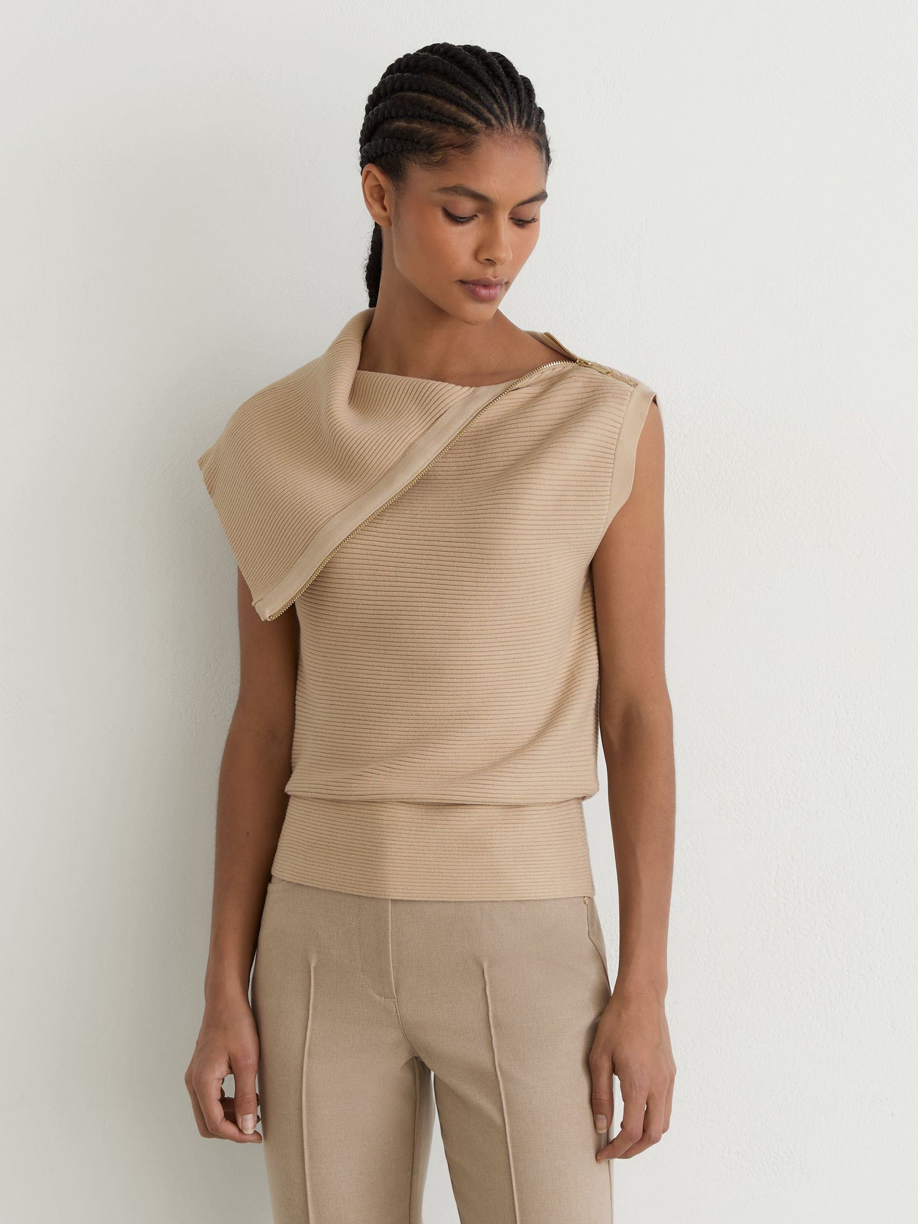 Asymmetric Zip-Neck Rib-Knit Vest in Stone Neutral - Image 4 of 6