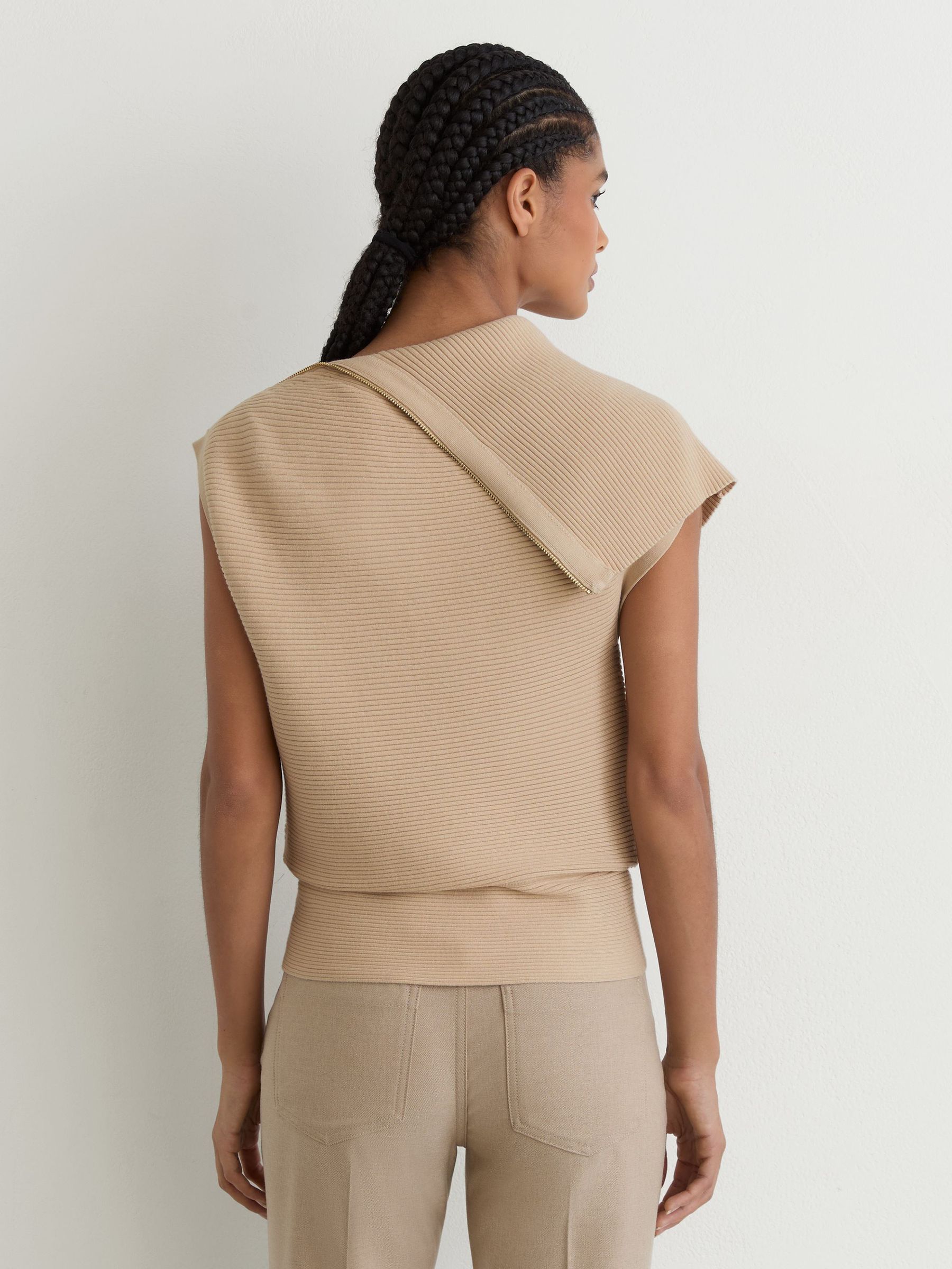 Asymmetric Zip-Neck Rib-Knit Vest in Stone Neutral - Image 5 of 6