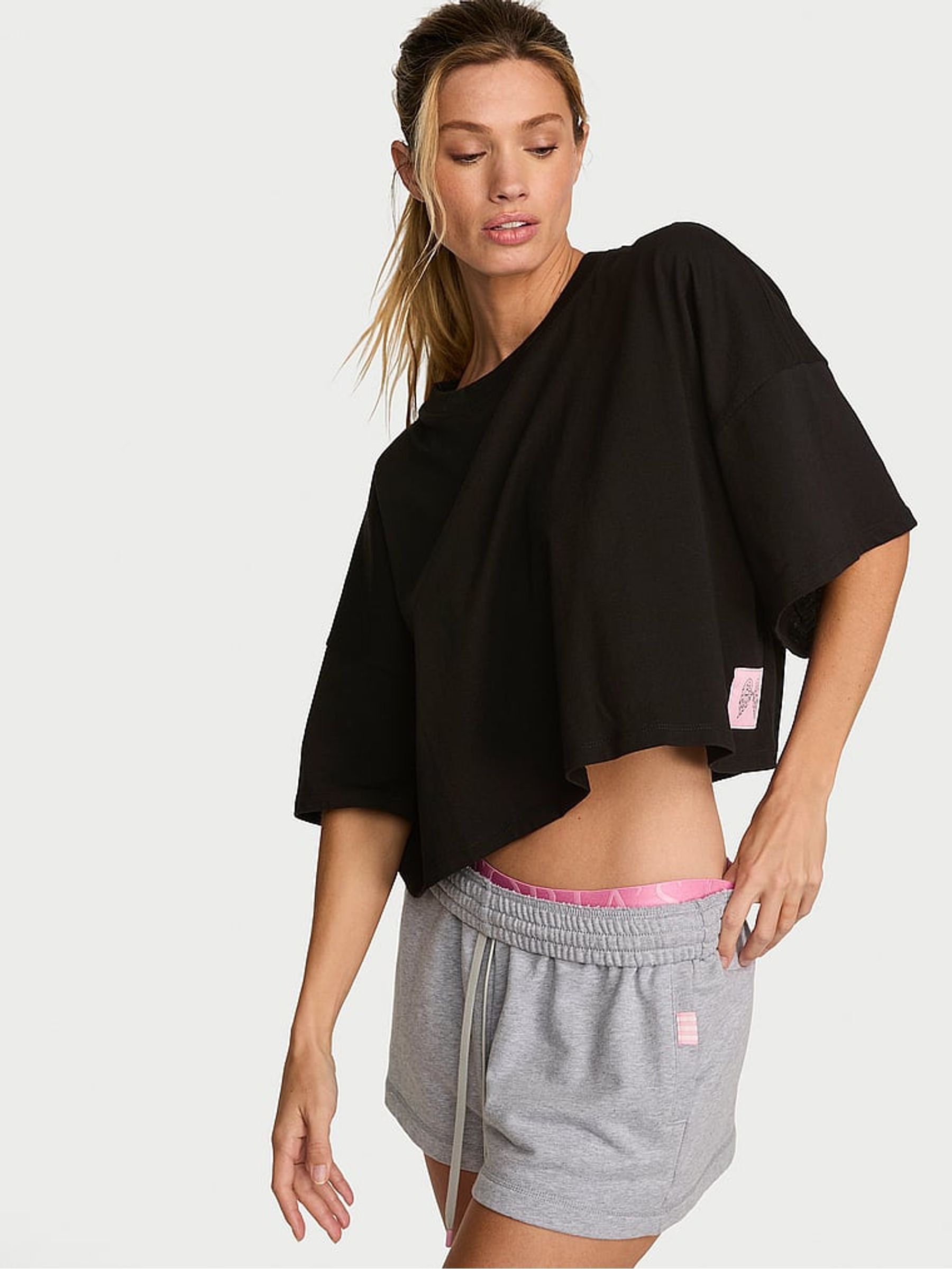 Pure Black Logo Cotton Oversized Cropped Top - Image 1 of 2
