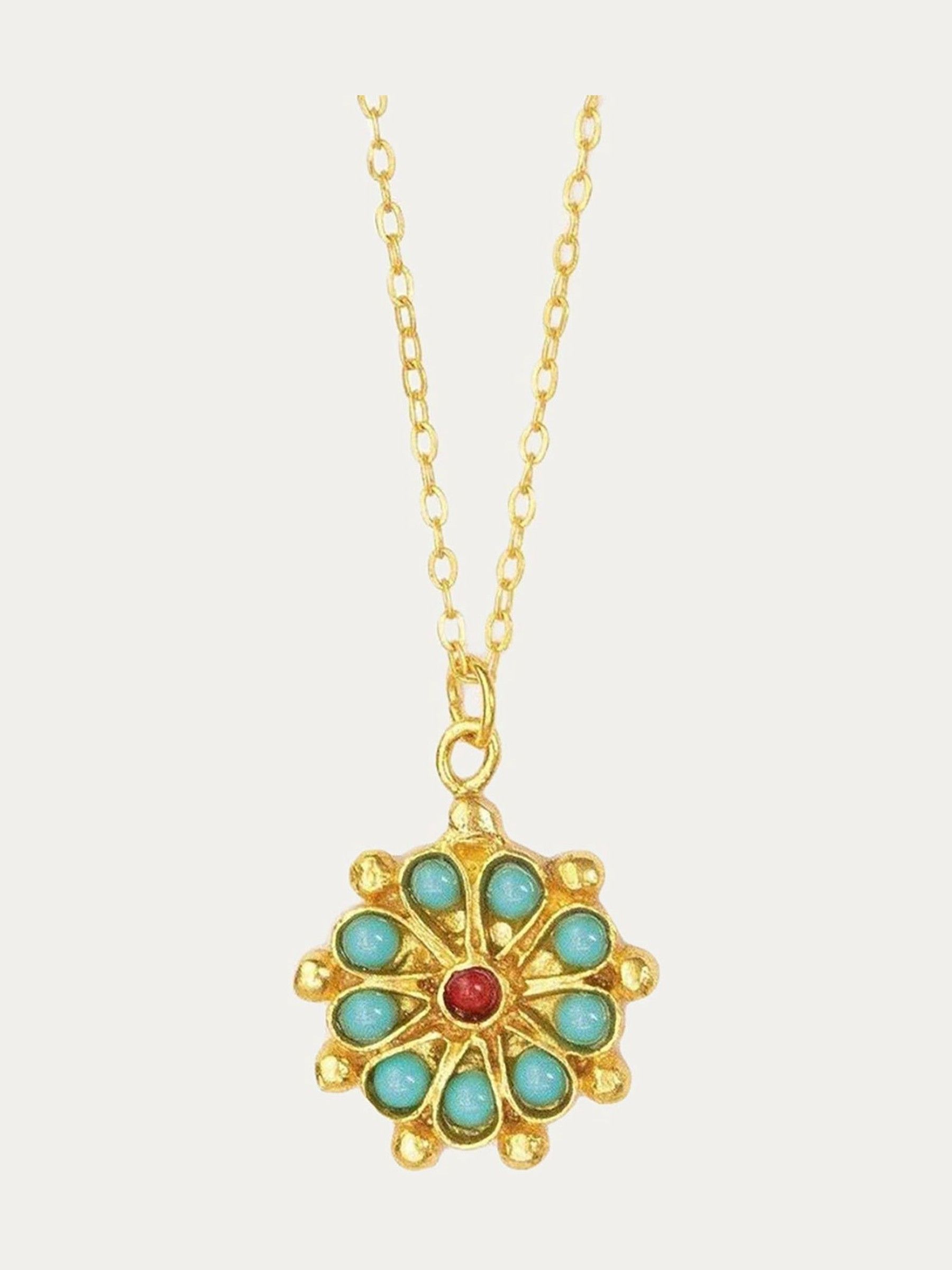 Ottoman Hands Gold Tone Marigold Turquoise and Red Agate Beaded Pendant Necklace - Image 1 of 4 Ottoman Hands Gold Tone Marigold Turquoise and Red Agate Beaded Pendant Necklace - Image 1 of 4