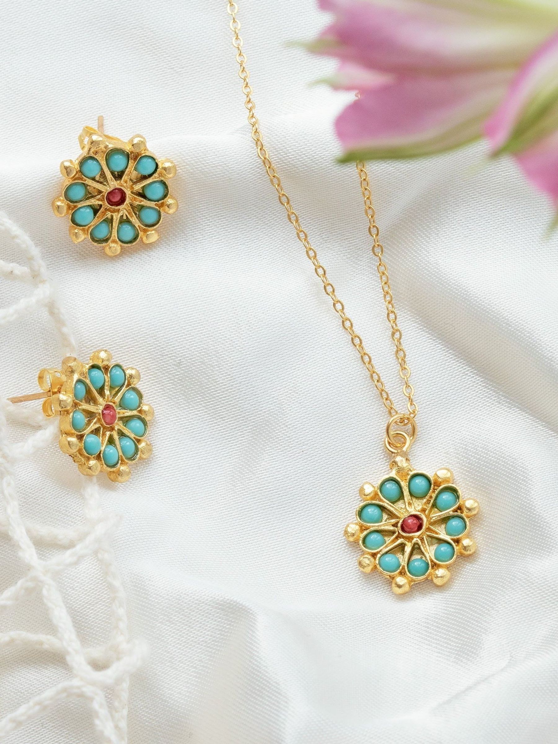 Ottoman Hands Gold Tone Marigold Turquoise and Red Agate Beaded Pendant Necklace - Image 2 of 4 Ottoman Hands Gold Tone Marigold Turquoise and Red Agate Beaded Pendant Necklace - Image 2 of 4