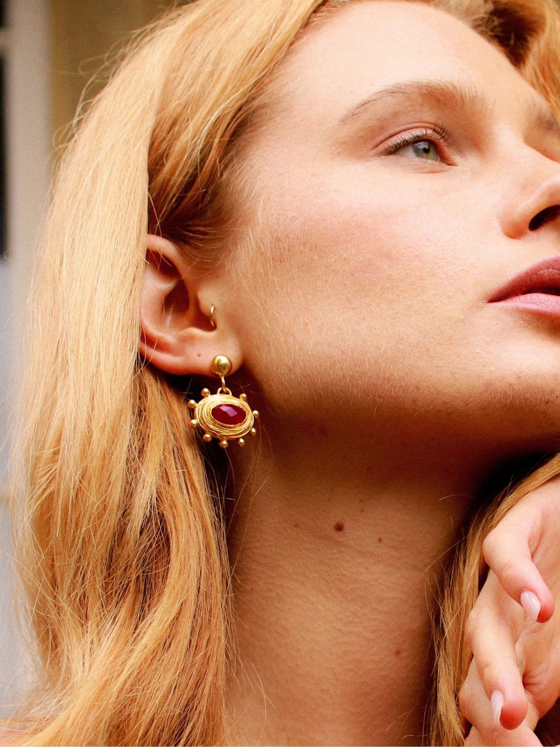 Ottoman Hands Gold Zand Ruby Drop Earrings - Image 2 of 4