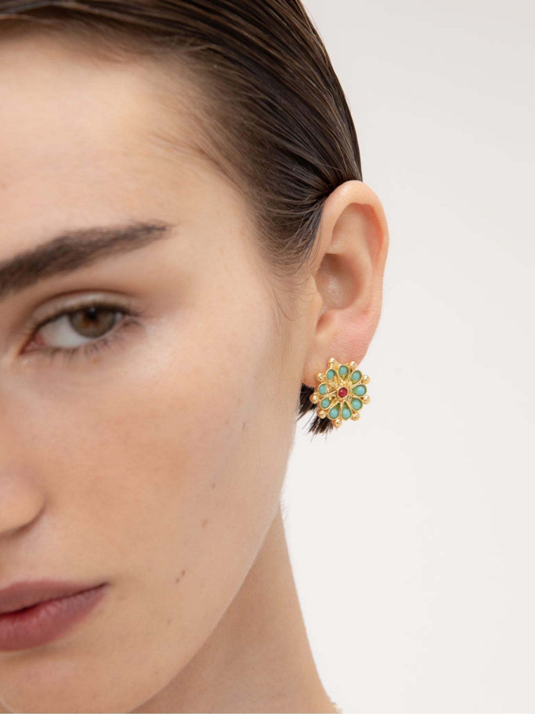 Ottoman Hands Gold Tone Marigold Turquoise and Red Agate Beaded Stud Earrings - Image 4 of 4 Ottoman Hands Gold Tone Marigold Turquoise and Red Agate Beaded Stud Earrings - Image 4 of 4