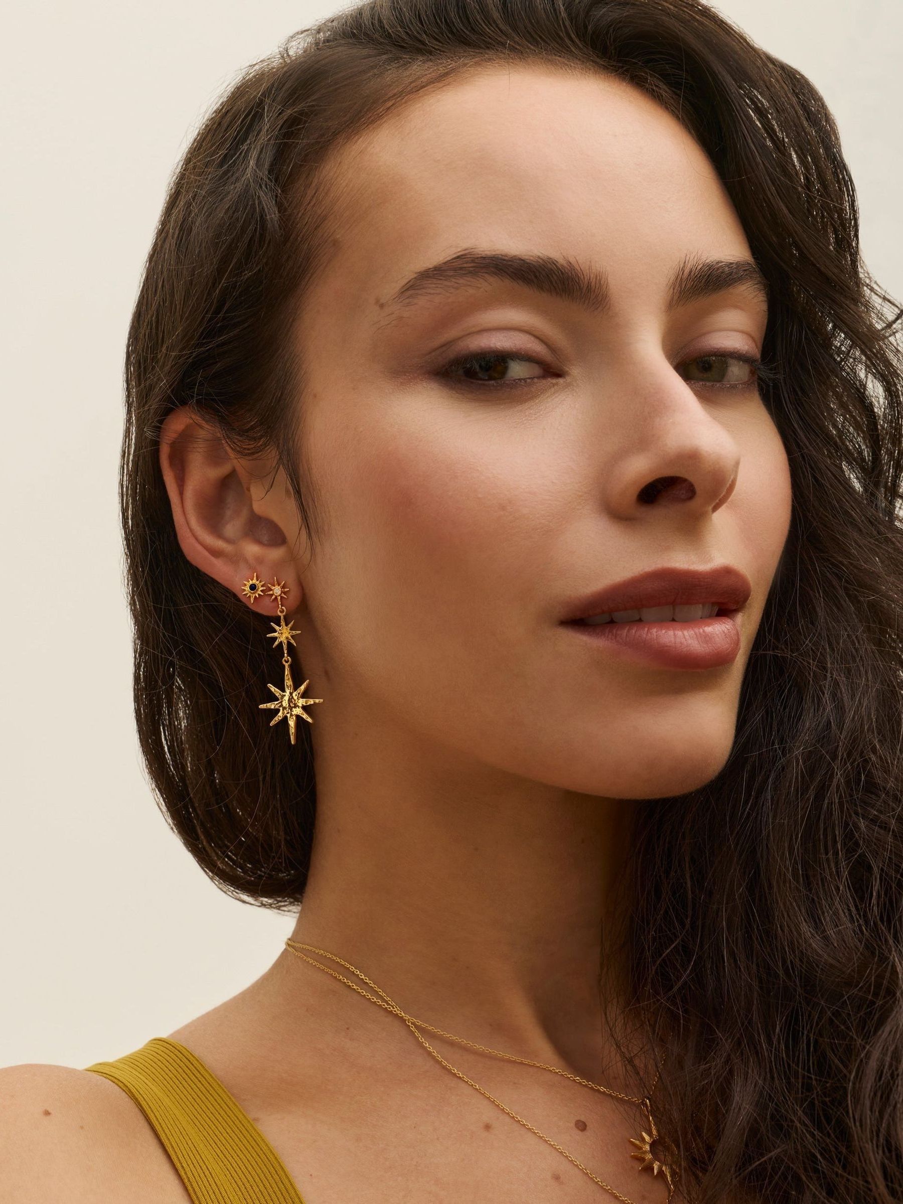 Ottoman Hands Gold Triple Star Drop Earrings - Image 3 of 4