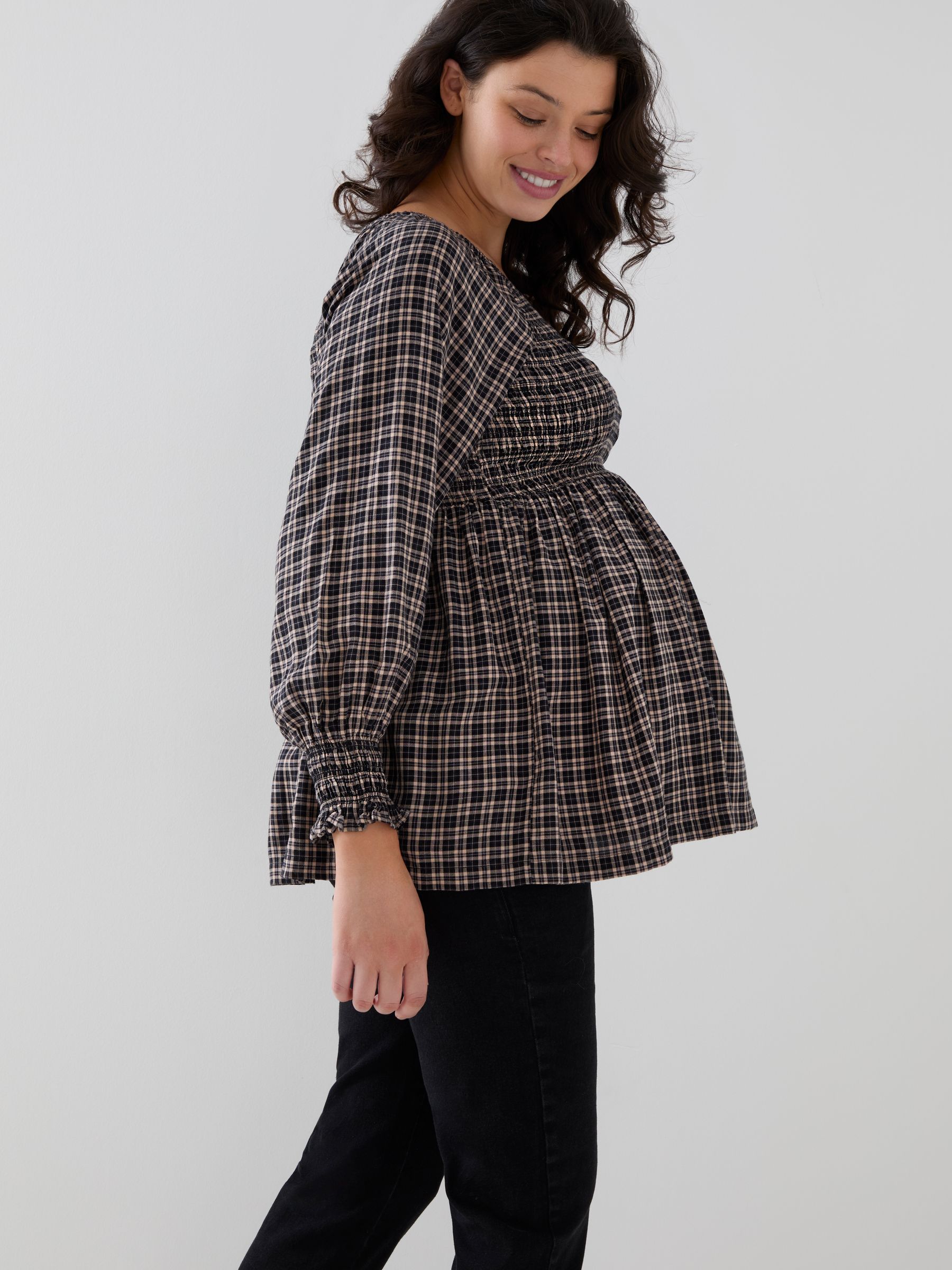Brown Gingham Long Sleeve Shirred Maternity Top - Image 3 of 4