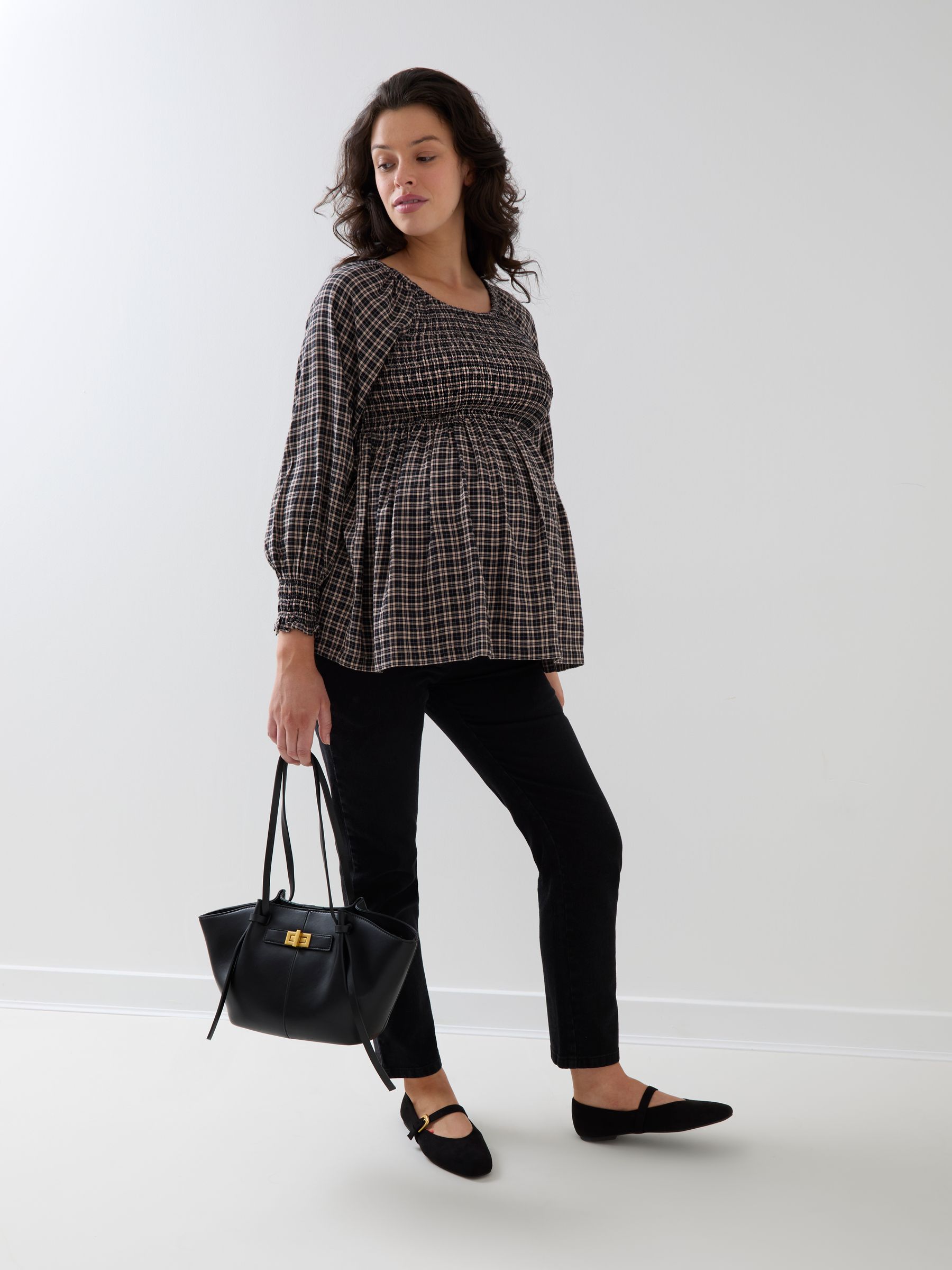 Brown Gingham Long Sleeve Shirred Maternity Top - Image 4 of 4