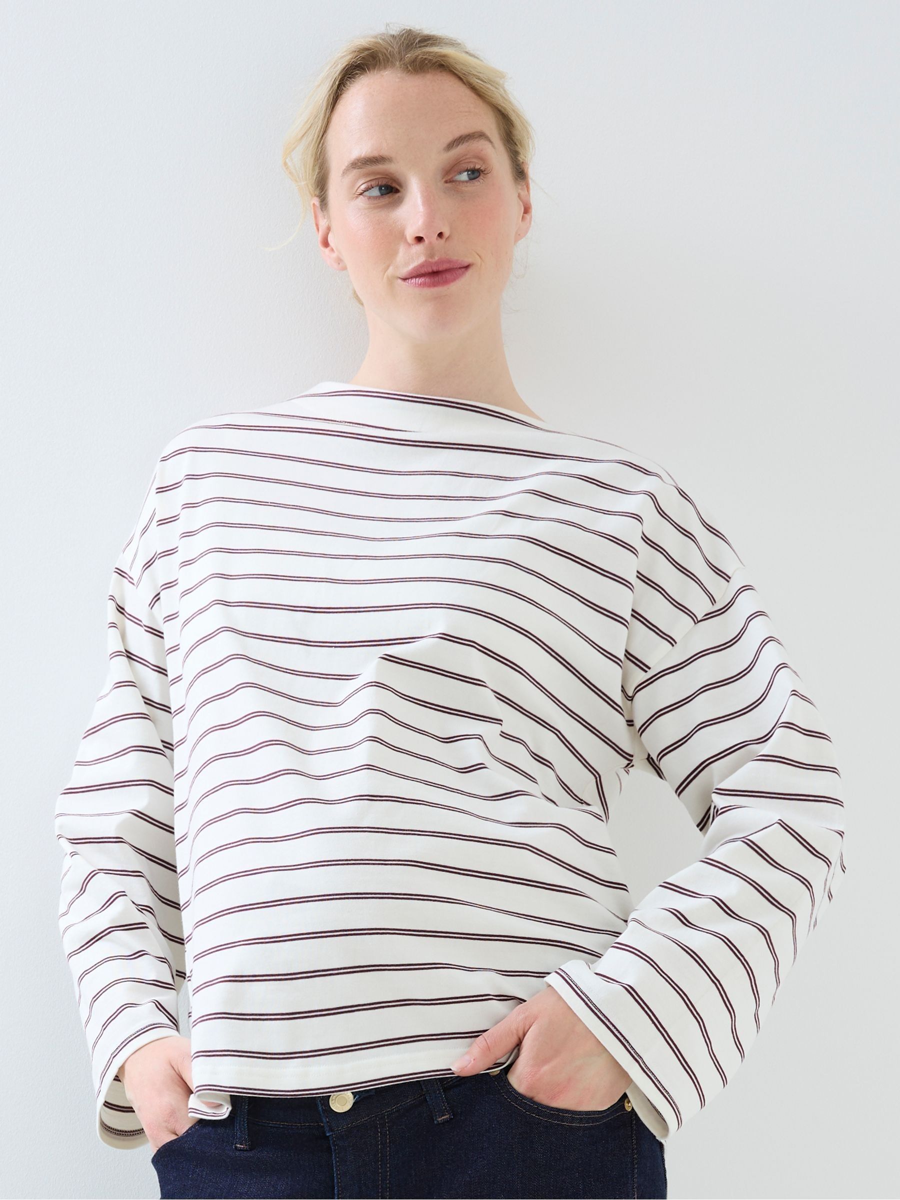 Burgundy Stripe Long Sleeve Slash Neck Maternity T-Shirt - Image 2 of 5 Burgundy Stripe Long Sleeve Slash Neck Maternity T-Shirt - Image 2 of 5