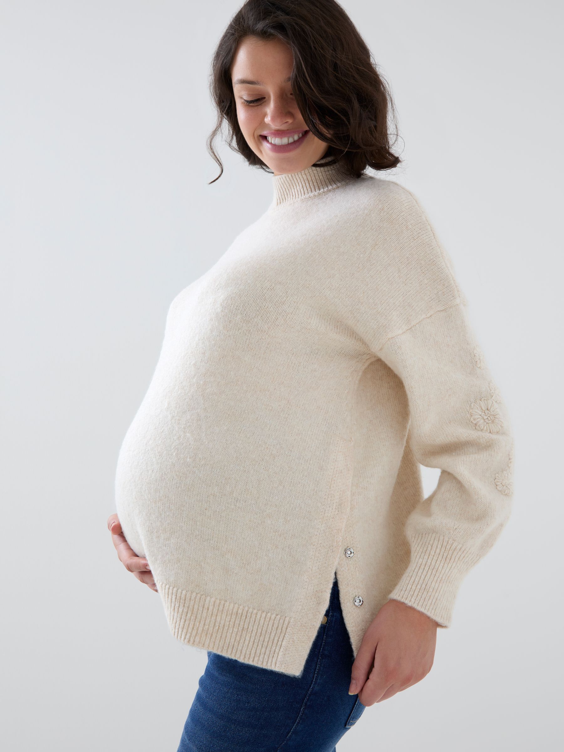 Cream Floral Embroidered Sleeve Turtleneck Maternity & Nursing Jumper - Image 2 of 5