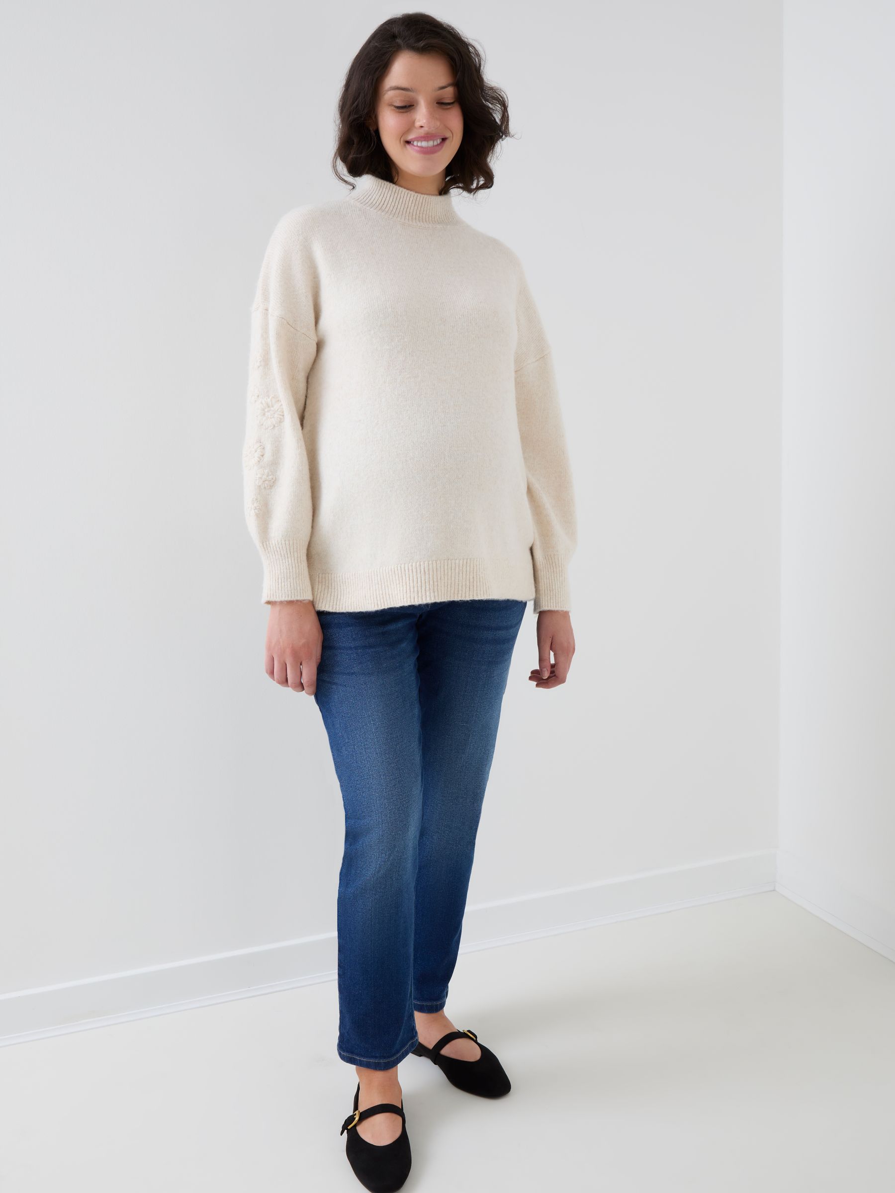 Cream Floral Embroidered Sleeve Turtleneck Maternity & Nursing Jumper - Image 4 of 5