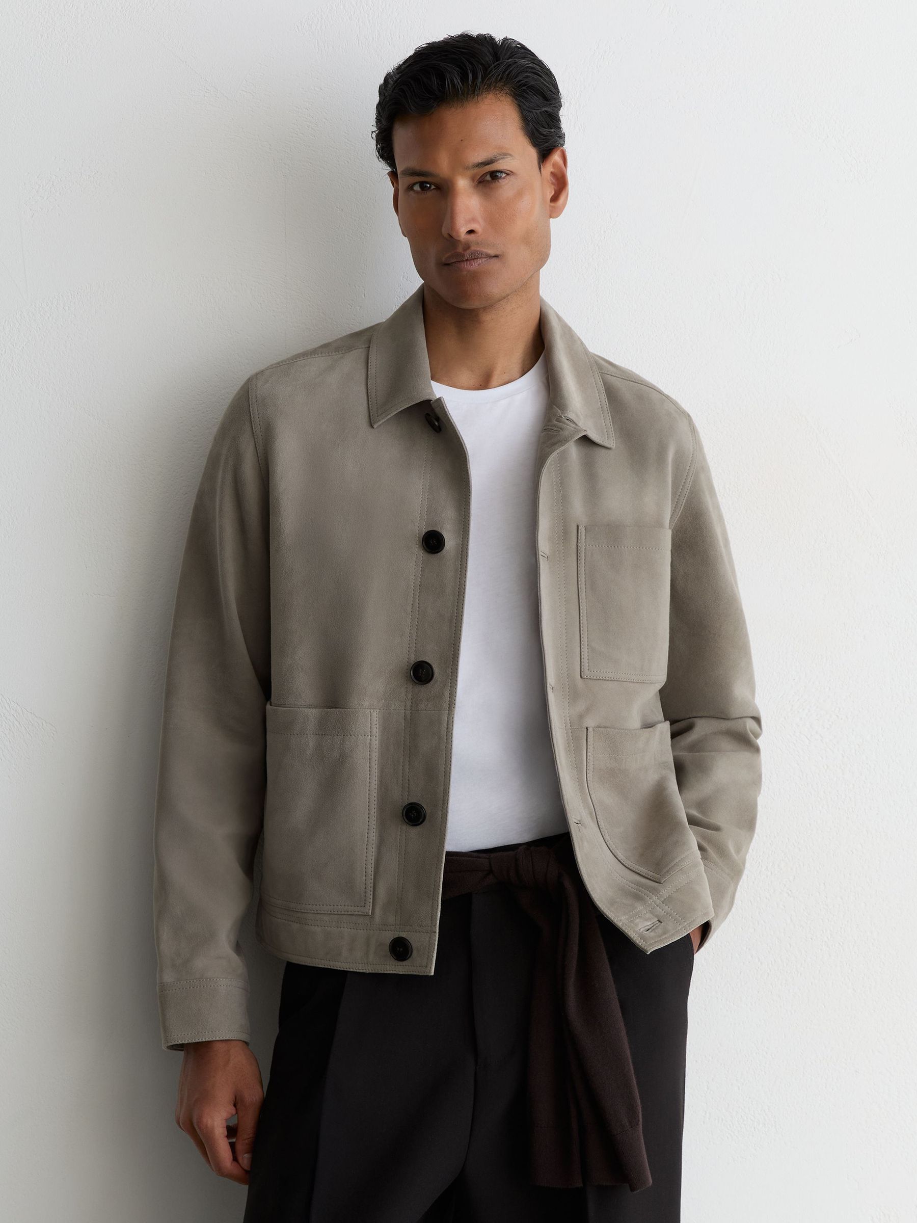 Suede Button-Through Trucker Jacket in Grey - Image 1 of 7