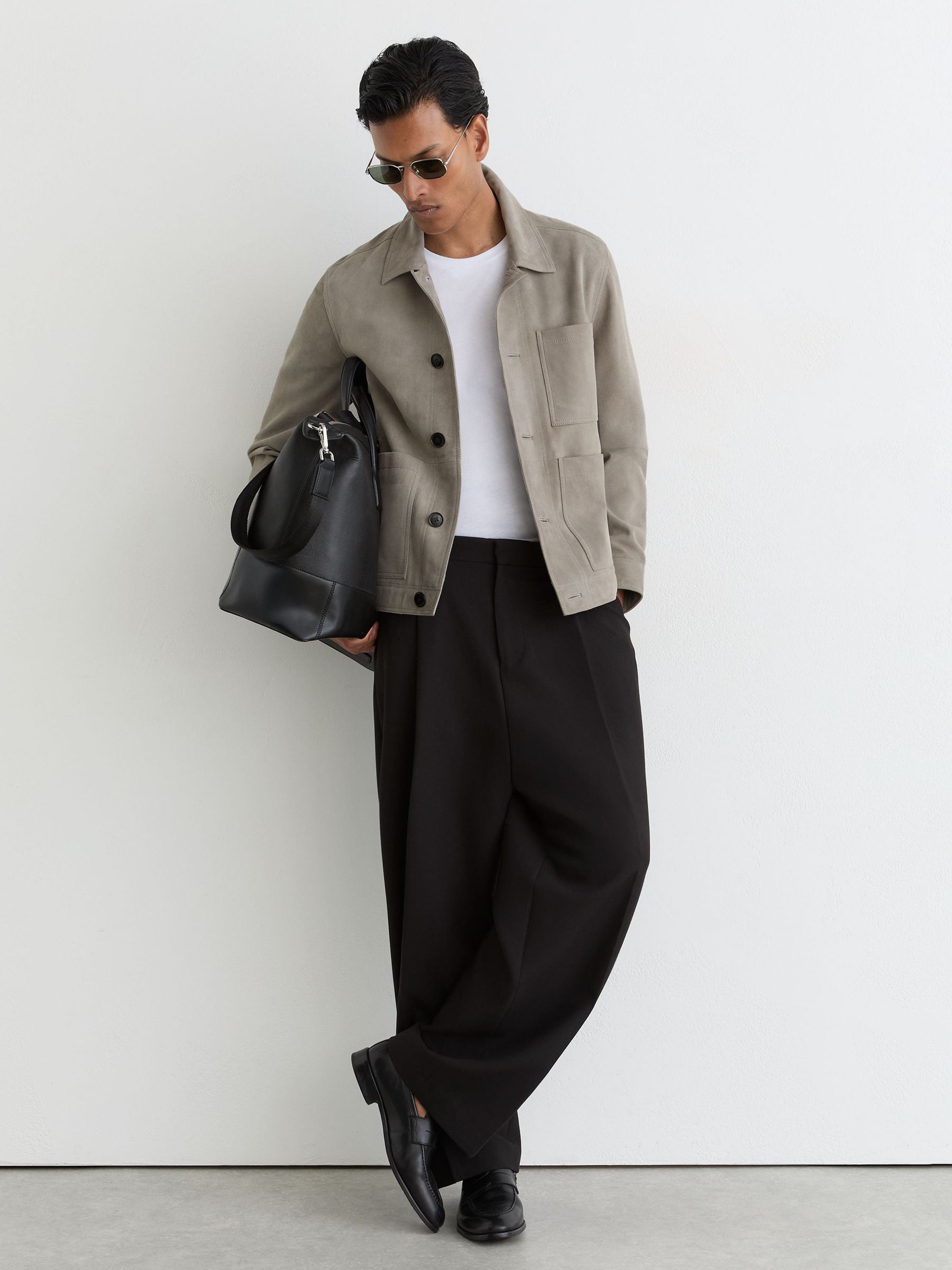 Suede Button-Through Trucker Jacket in Grey - Image 3 of 7