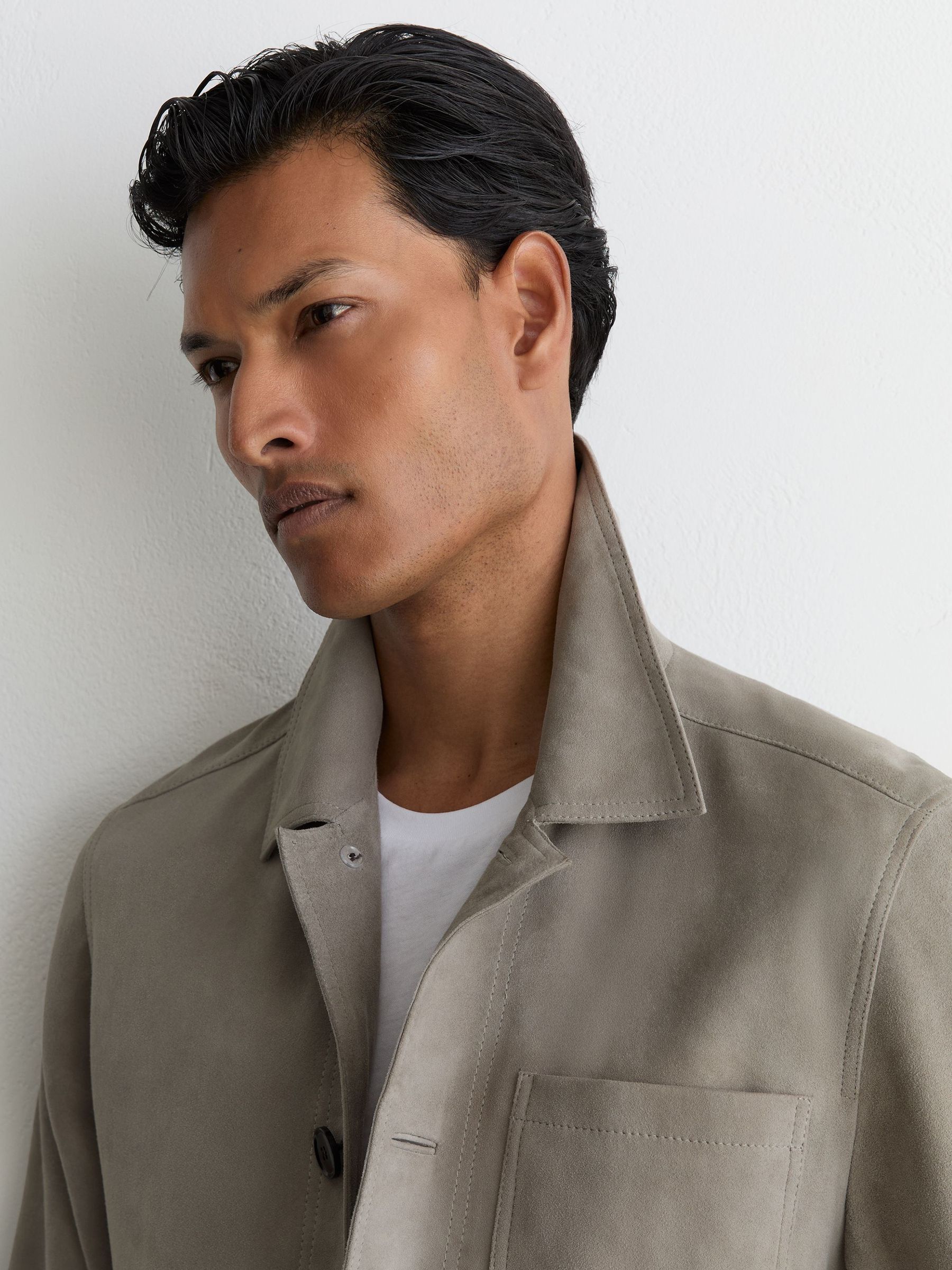 Suede Button-Through Trucker Jacket in Grey - Image 4 of 7