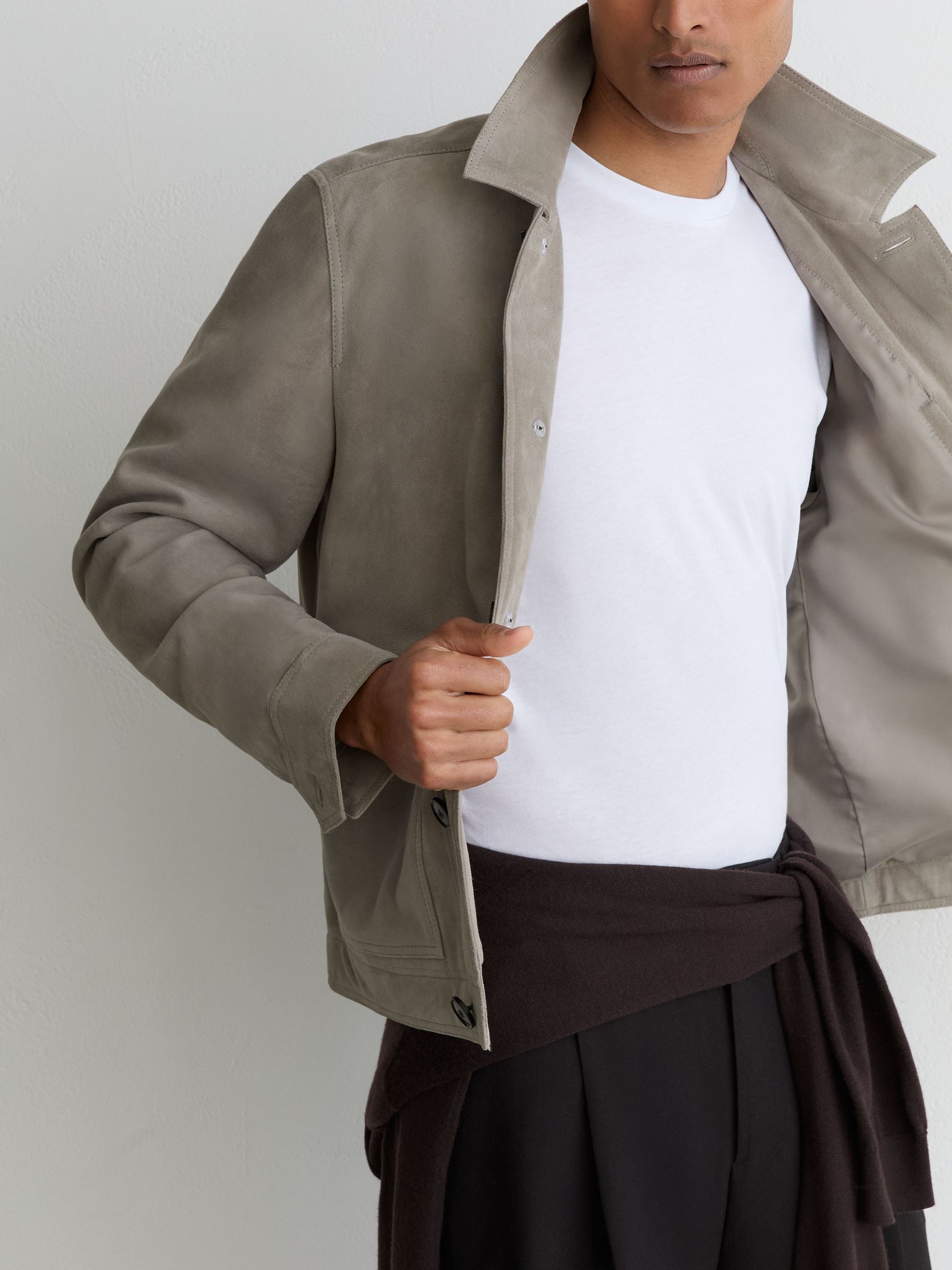 Suede Button-Through Trucker Jacket in Grey - Image 6 of 7