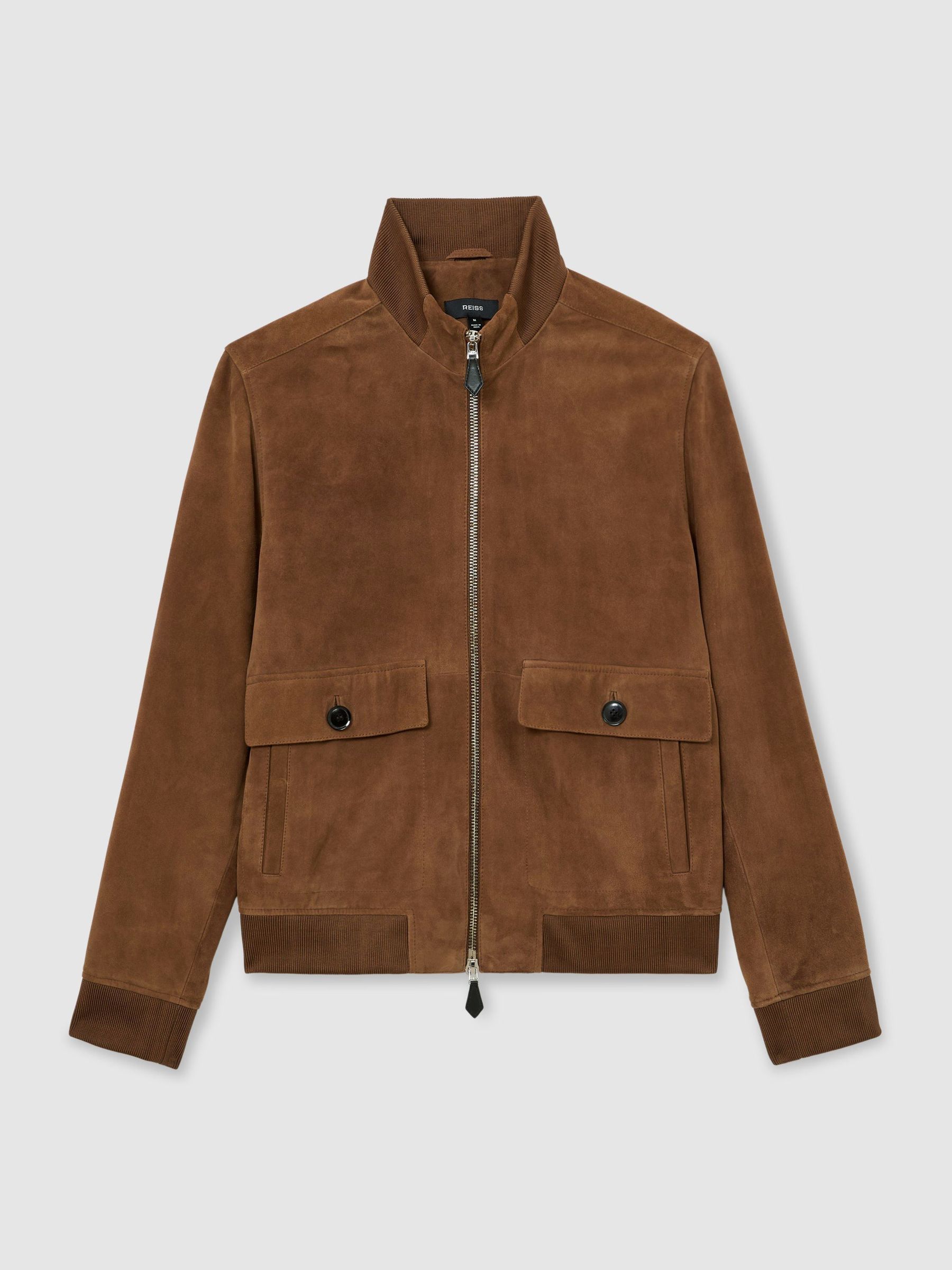 Suede Funnel-Neck Bomber Jacket in Tobacco Brown - Image 2 of 7