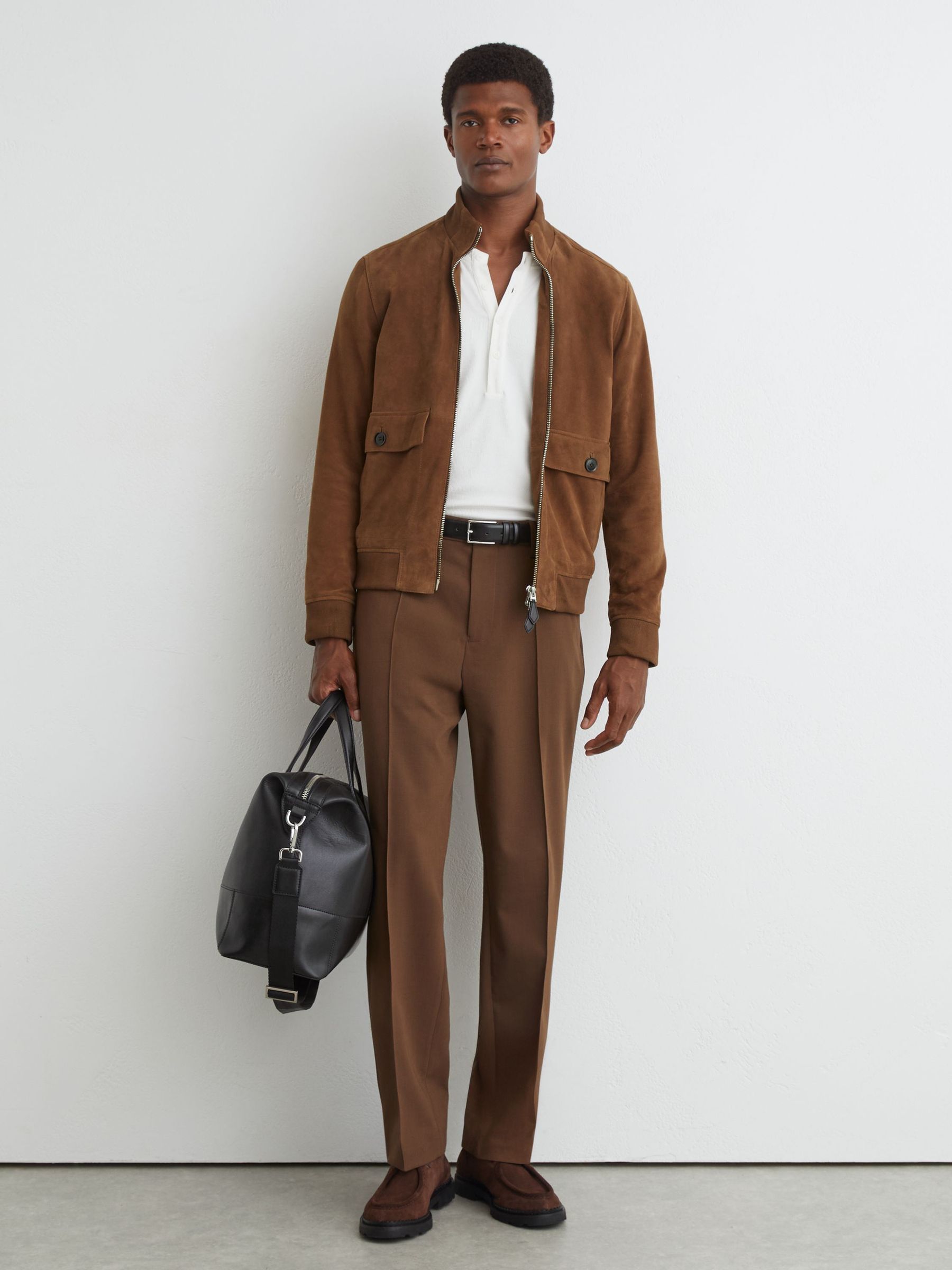 Suede Funnel-Neck Bomber Jacket in Tobacco Brown - Image 3 of 7