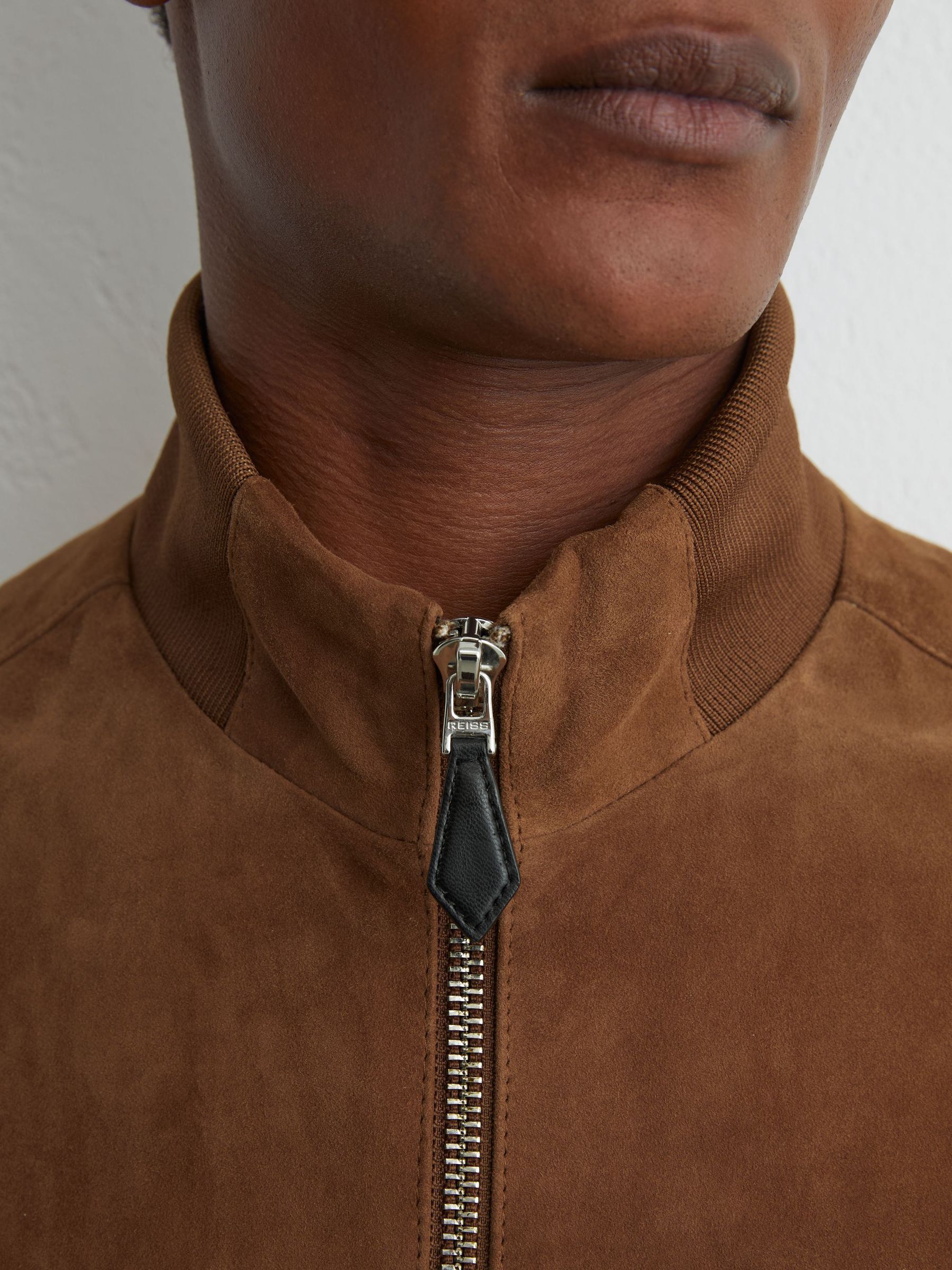 Suede Funnel-Neck Bomber Jacket in Tobacco Brown - Image 4 of 7