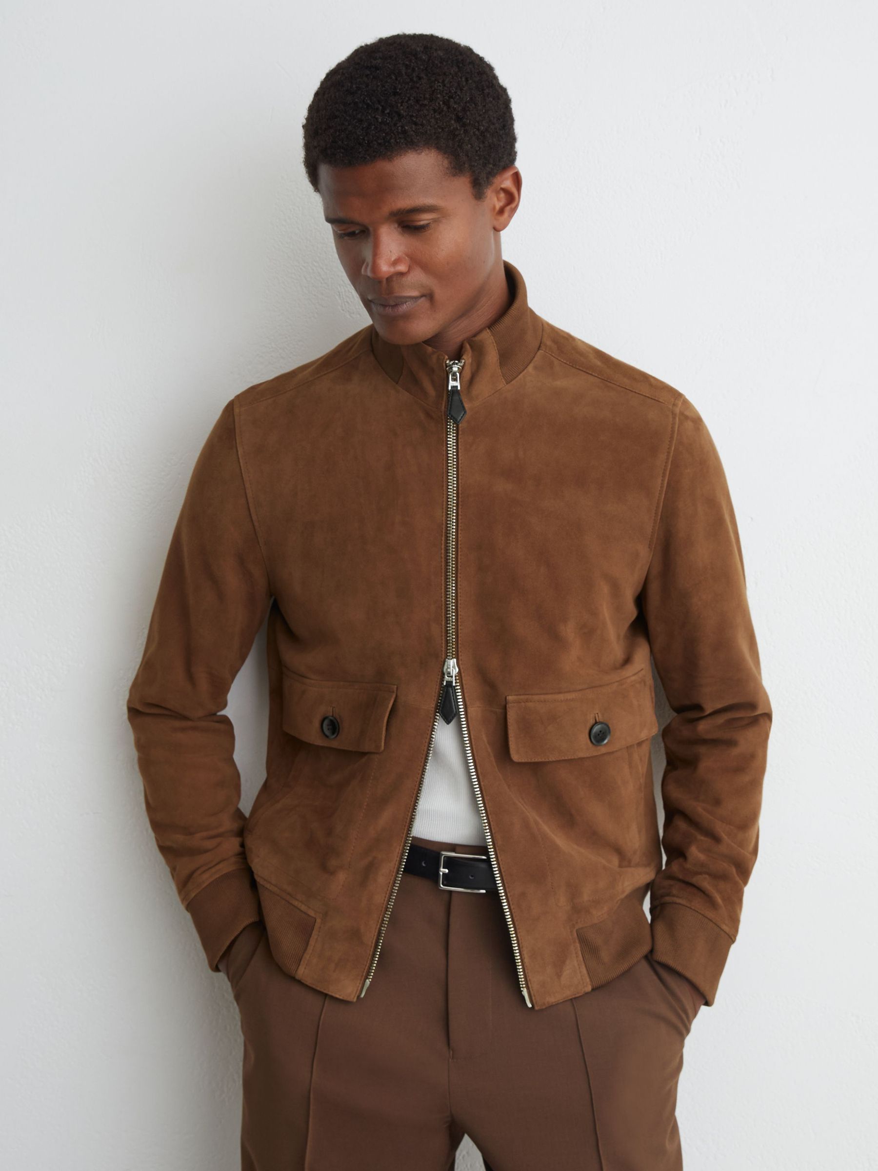 Suede Funnel-Neck Bomber Jacket in Tobacco Brown - Image 5 of 7