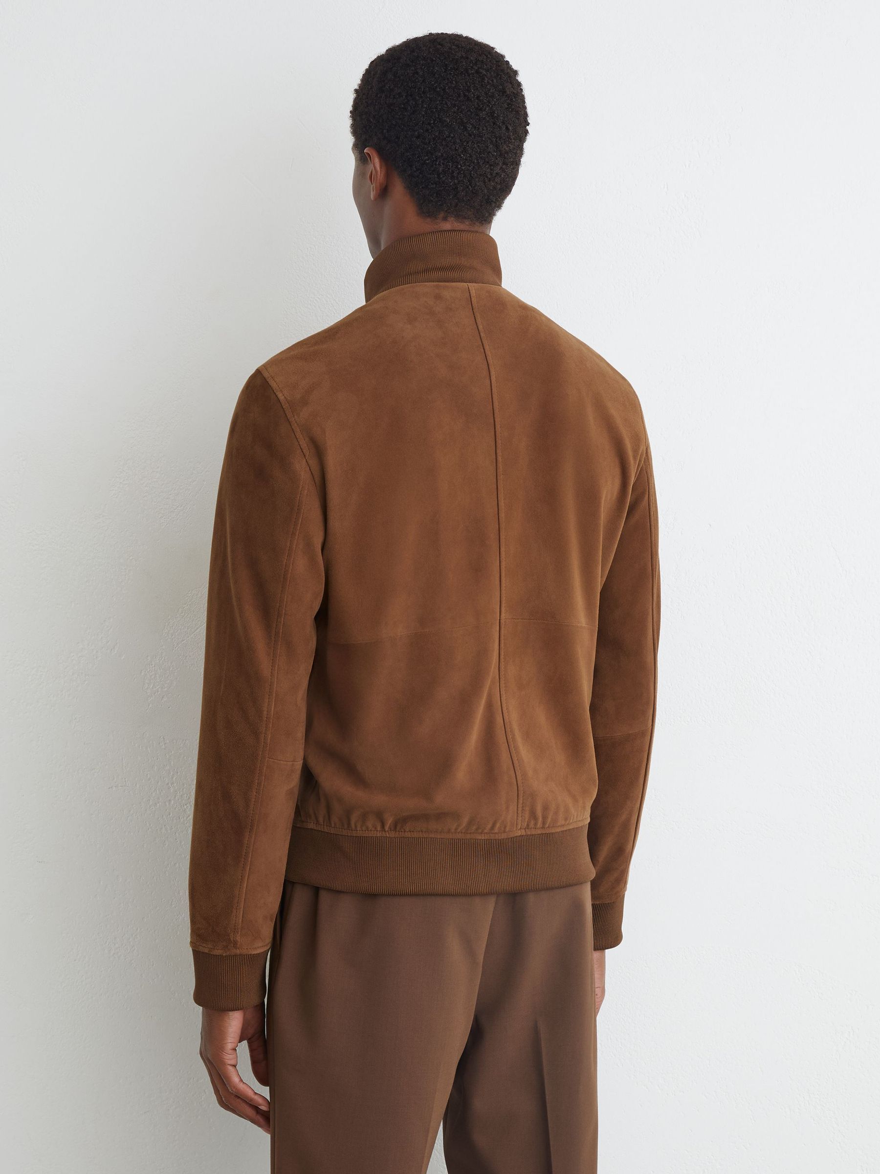 Suede Funnel-Neck Bomber Jacket in Tobacco Brown - Image 6 of 7