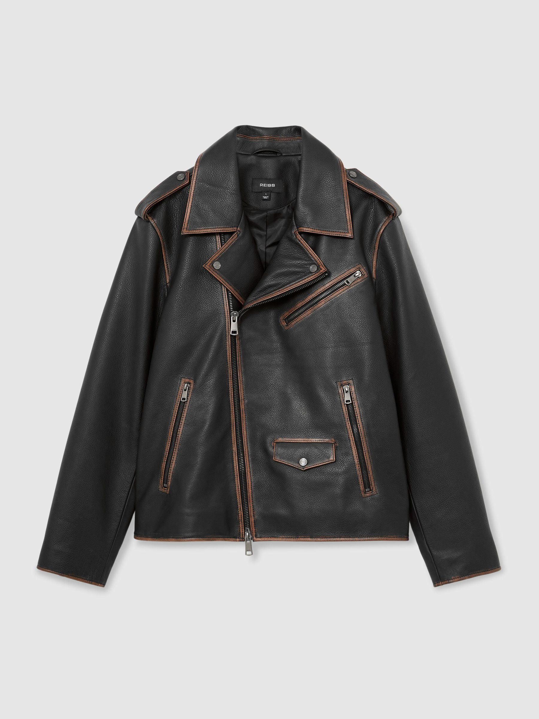 Leather Burnished-Detail Biker Jacket in Black - 圖片 2/7