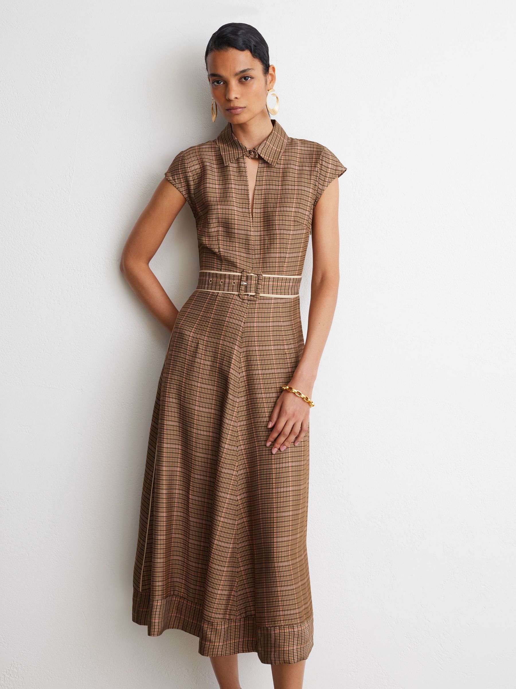 Collared Check Belted Midi Dress in Neutral Check - Image 1 of 9