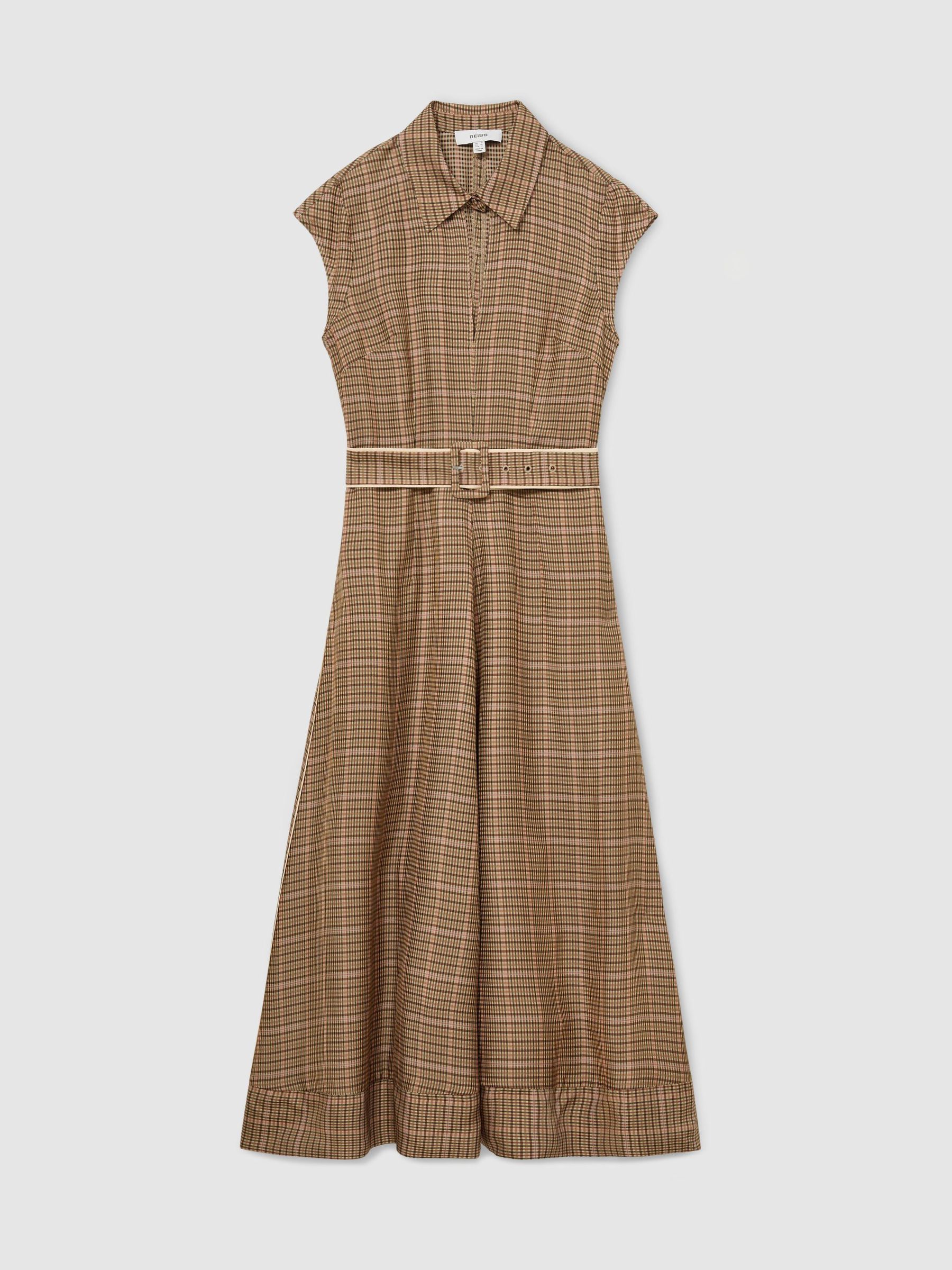 Collared Check Belted Midi Dress in Neutral Check - Image 2 of 9