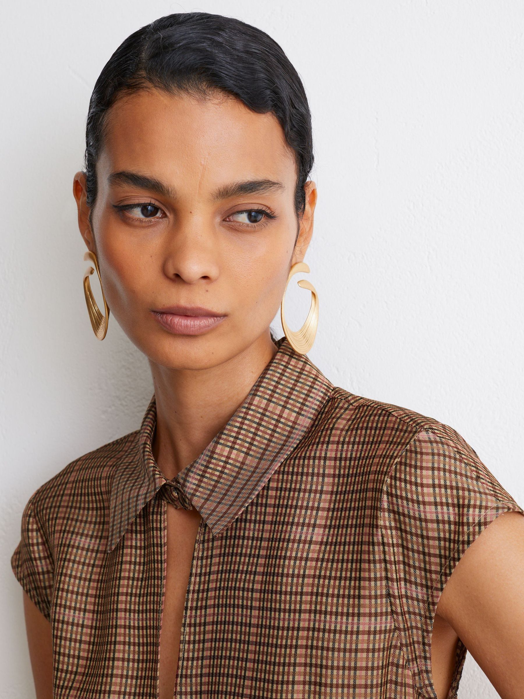 Collared Check Belted Midi Dress in Neutral Check - Image 3 of 9