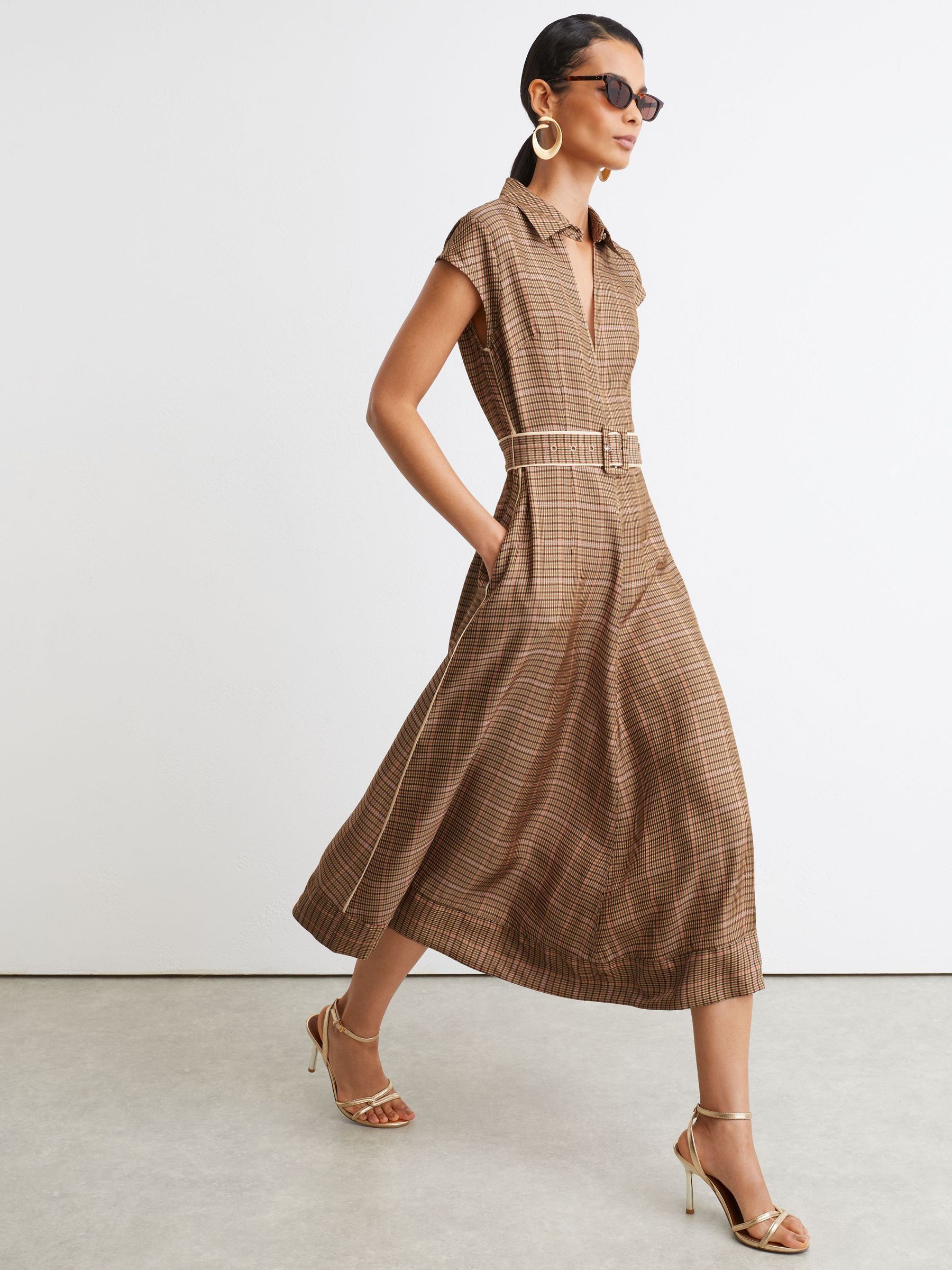 Collared Check Belted Midi Dress in Neutral Check - Image 4 of 9